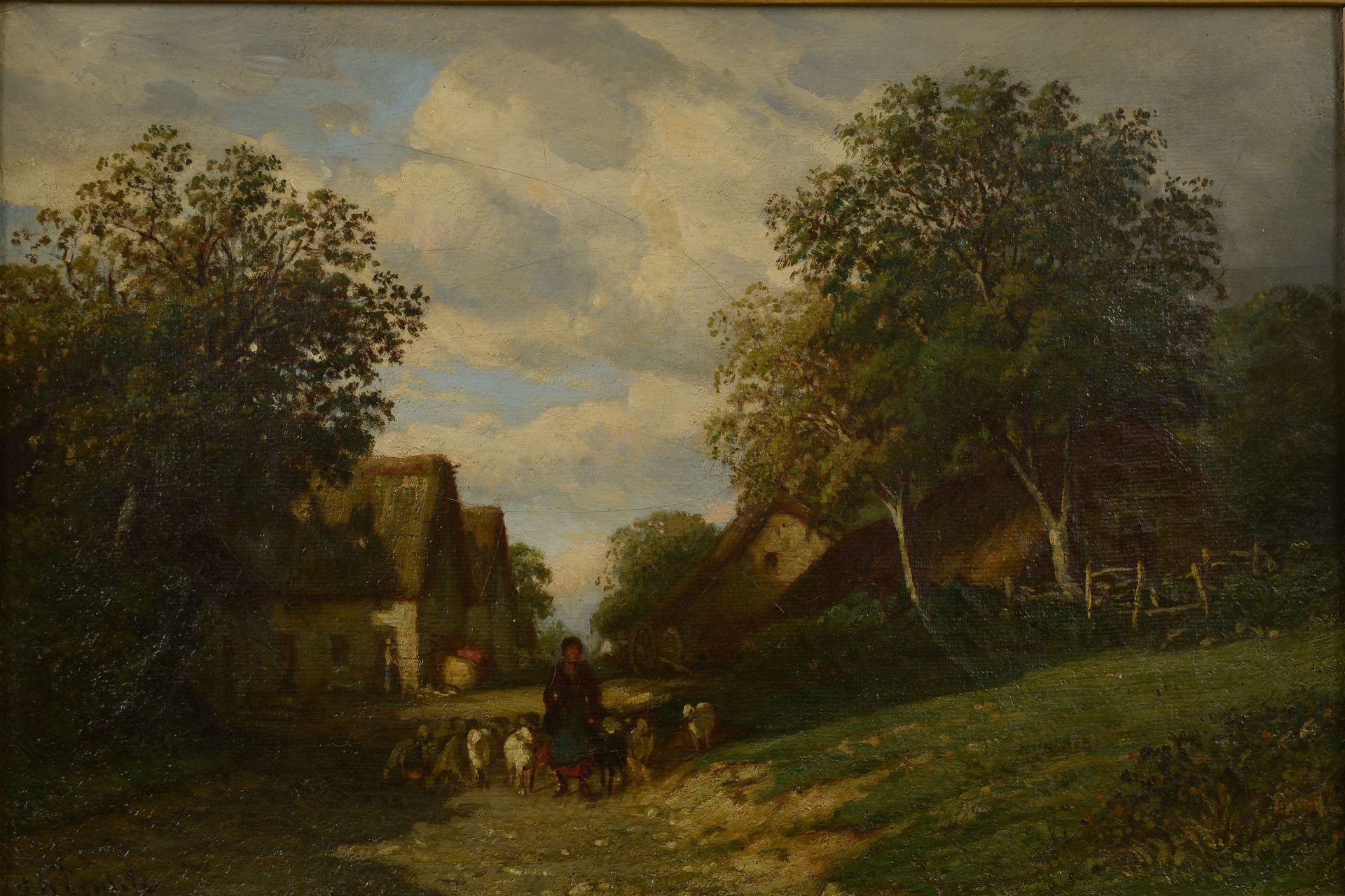 Null 路易-维克多-勒冈蒂尔（1815年，巴黎-1889年，巴黎）。

一个农夫和她的羊群离开了小村庄。

布面油画，左下角有签名（修复了一个洞）。

高度&hellip;