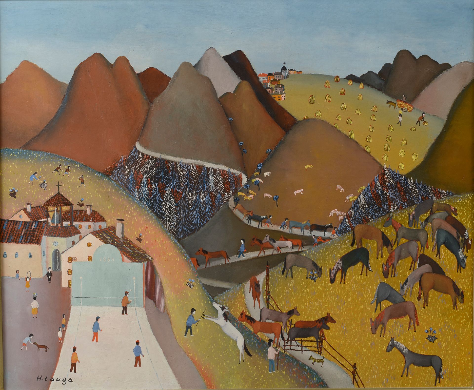 Null Henri LAUGA (geboren 1918). 

Baskische Landschaft mit Pferdeherde. 

Öl au&hellip;