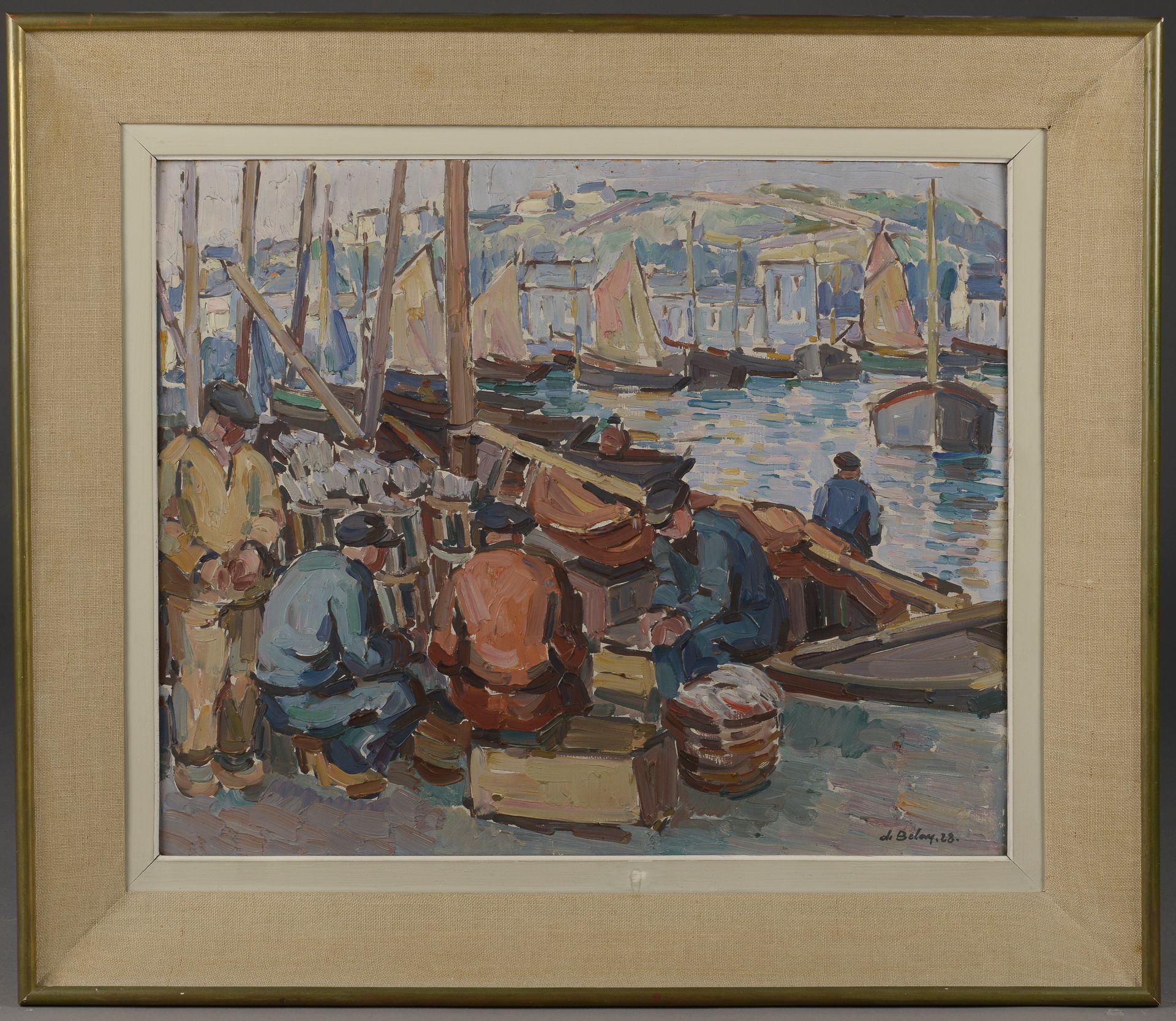 Null 皮埃尔-德-贝莱（1890-1947）。

坐在码头上的渔民。

右下角有签名和日期的板上油画。 

高度：50厘米50 cm - 宽度： 61 cm&hellip;