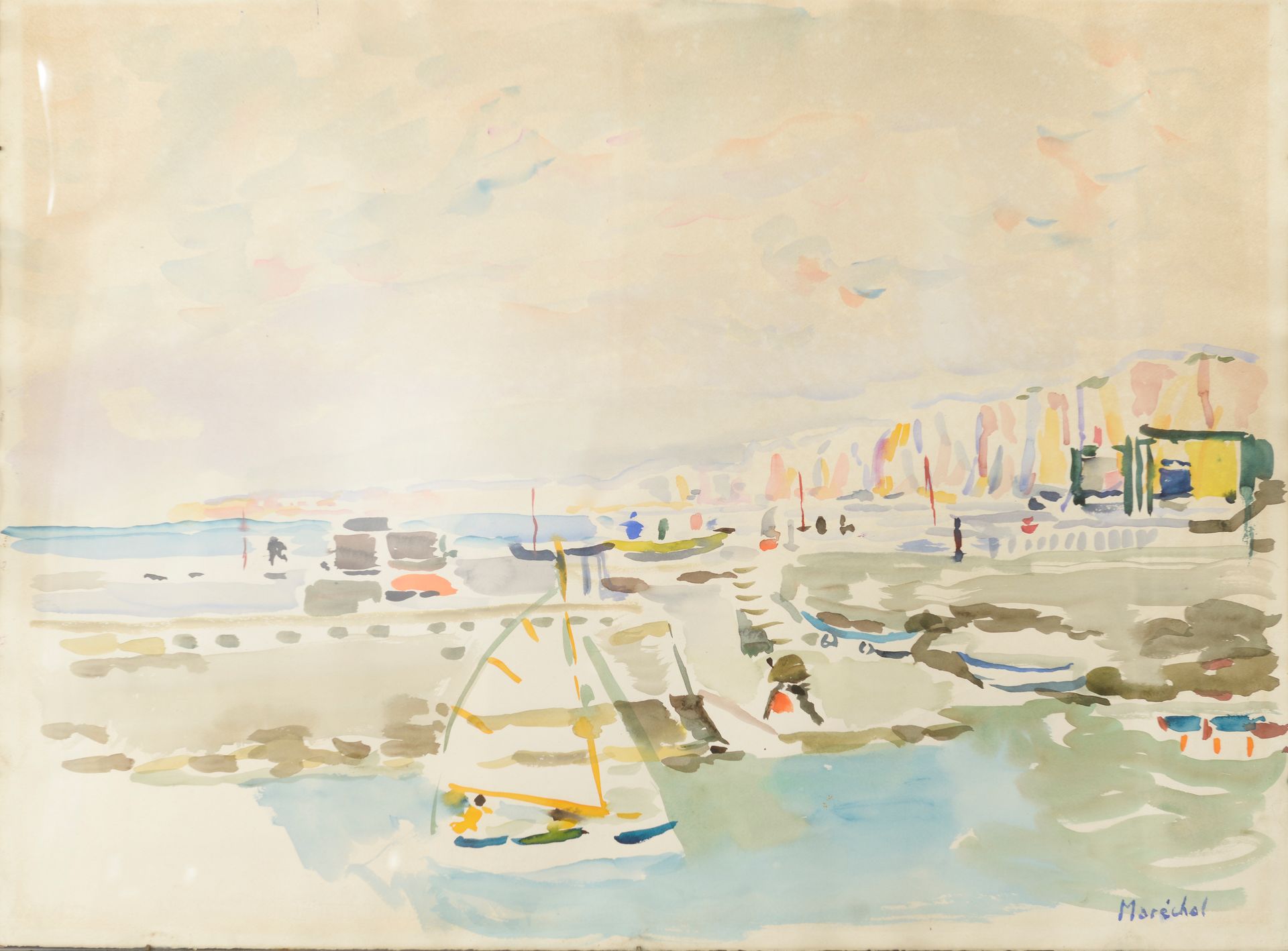 Null 克劳德-马雷夏尔（1925-2009）。

诺曼底海岸上的帆船。

水彩画，右下角有签名（污渍）。

高度：57厘米。57 cm - 宽度：76.5 &hellip;