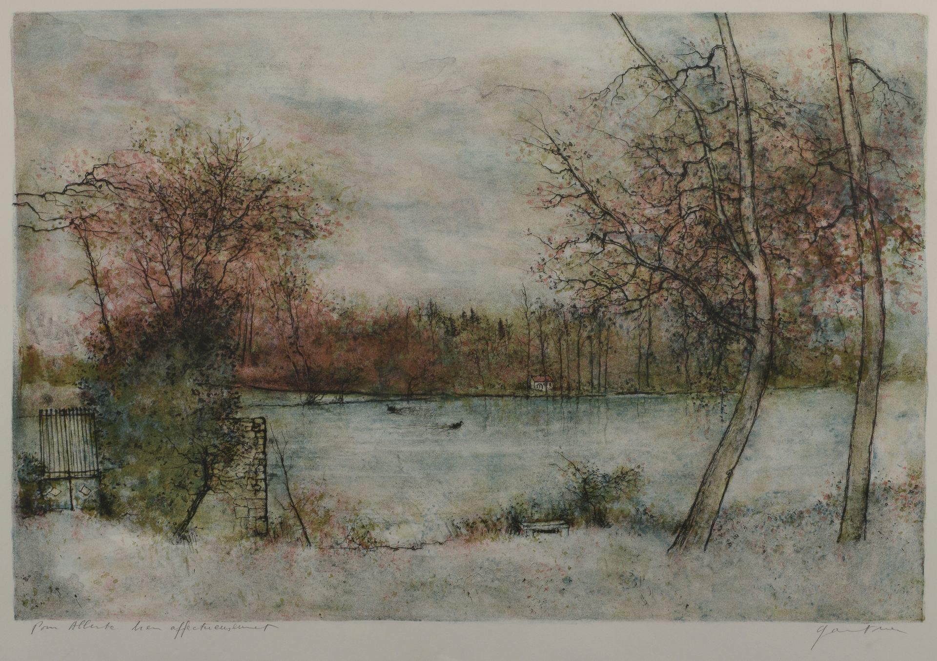 Null 伯纳德-甘特纳（1928-2018）。

- 湖边的小房子。 

- 树木。 

- 雪下的风景。

三幅石板画右下角有签名，第一幅有签名，第二幅编号&hellip;