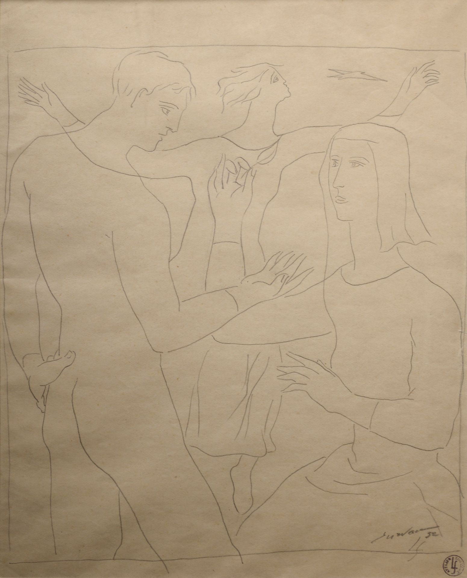 Null Léopold SURVAGE (1879-1938). 

Trois personnages à l'oiseau.

Crayon sur pa&hellip;