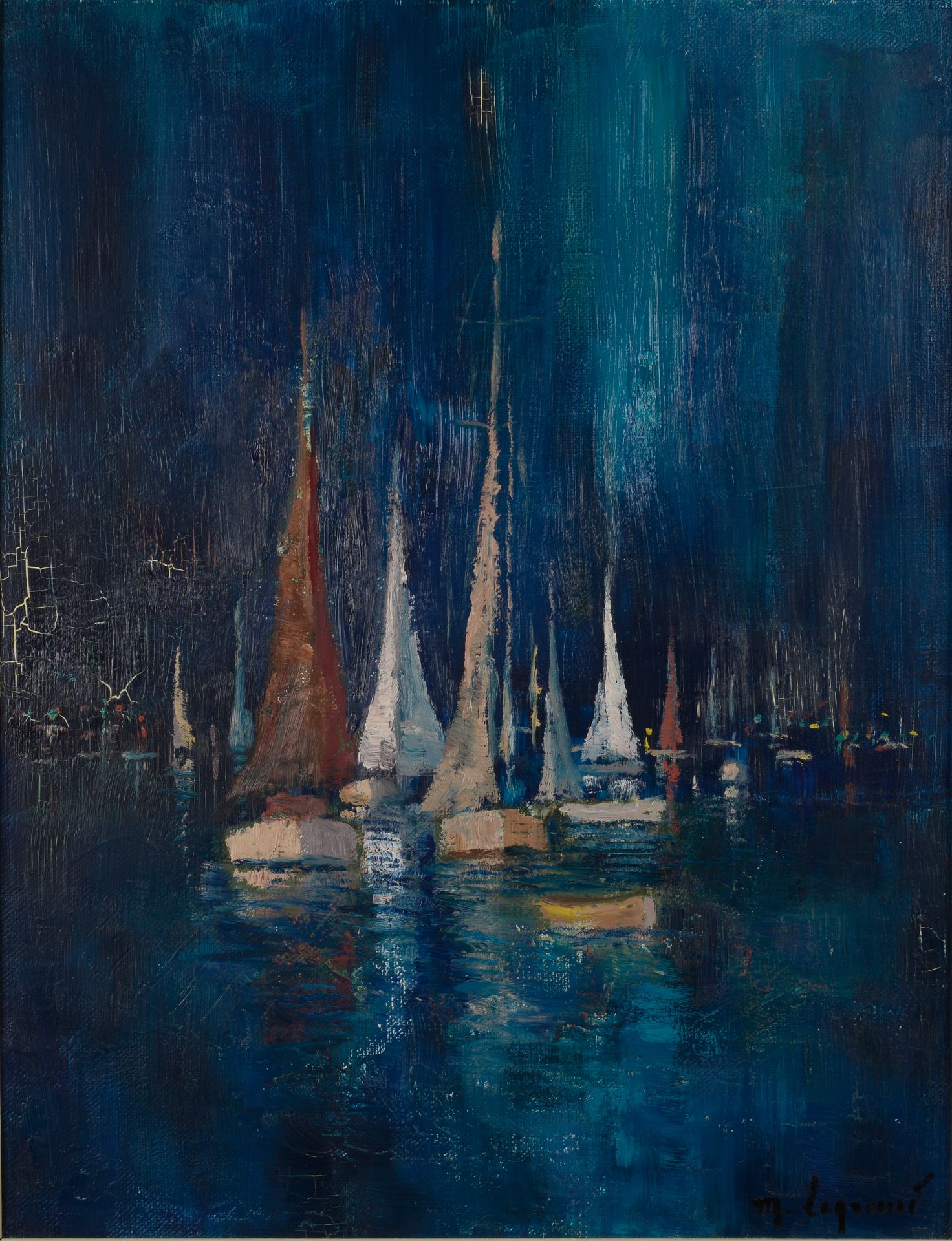 Null 莫里斯-勒格朗（1906-2004）。



"夜晚的帆船，Sainte-Maxime"。



布面油画（略有缩水），右下方有签名，标题，日期为19&hellip;