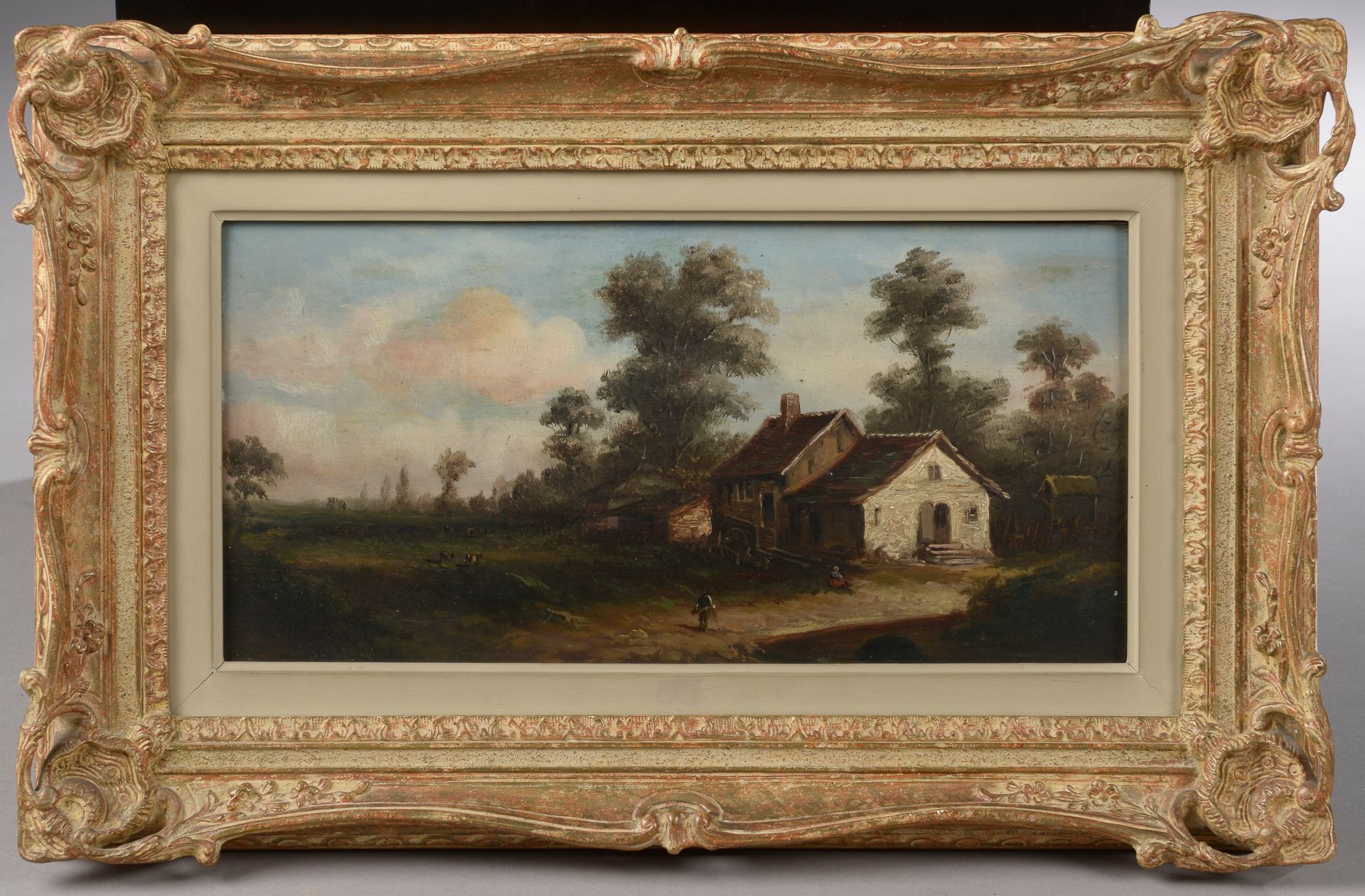 Null 19世纪的法国学校。

茅草屋景观。

板上油彩。

高度：18厘米18 cm - 宽度：36 cm