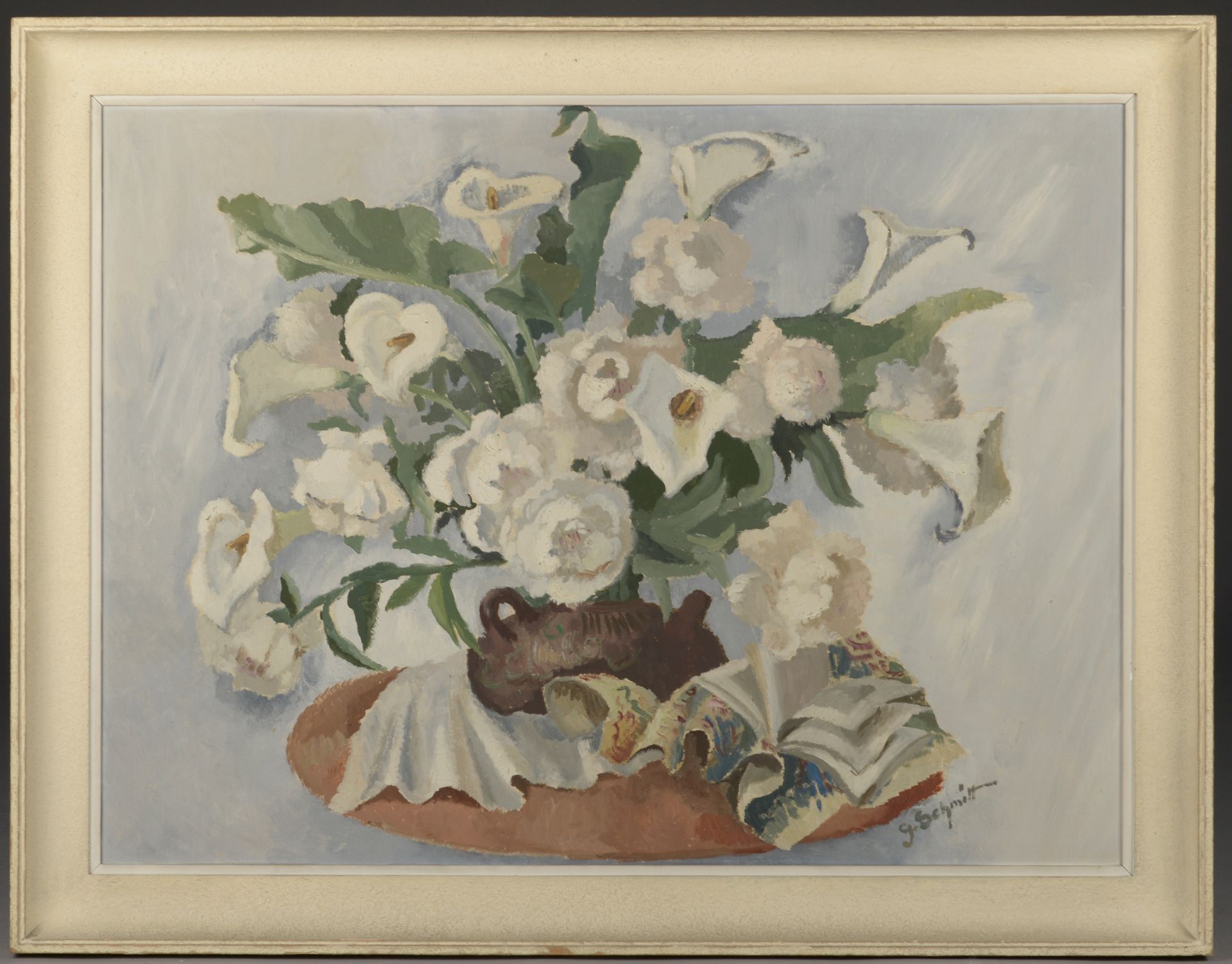 Null G.施密特（20世纪）。

菊花和白牡丹的花束。

面板油画，右下角有签名。 

高度：74.5厘米74.5 cm - 宽度： 100 cm