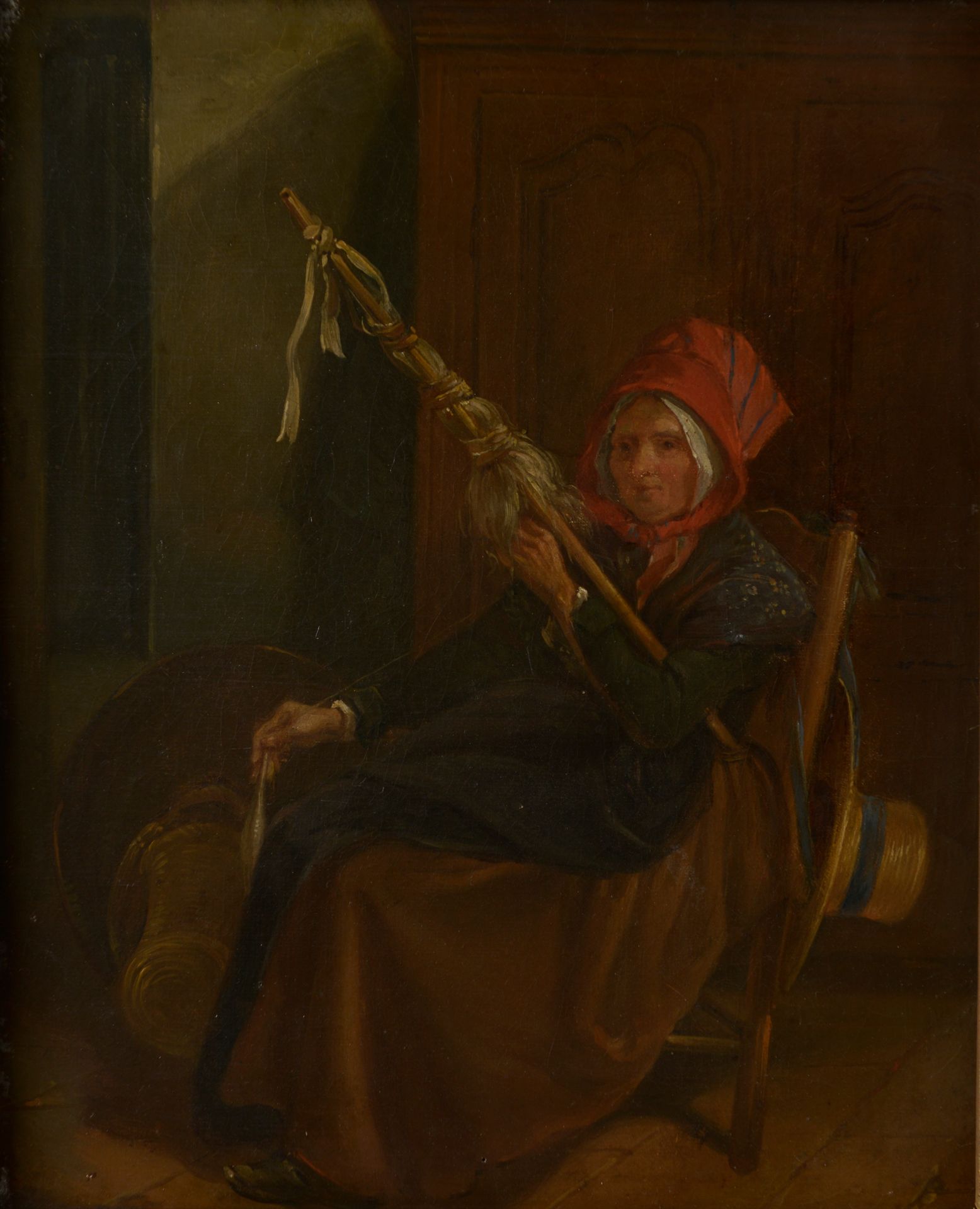 Null French school around 1830. 

Seated lady spinning the distaff. 

Oil on can&hellip;
