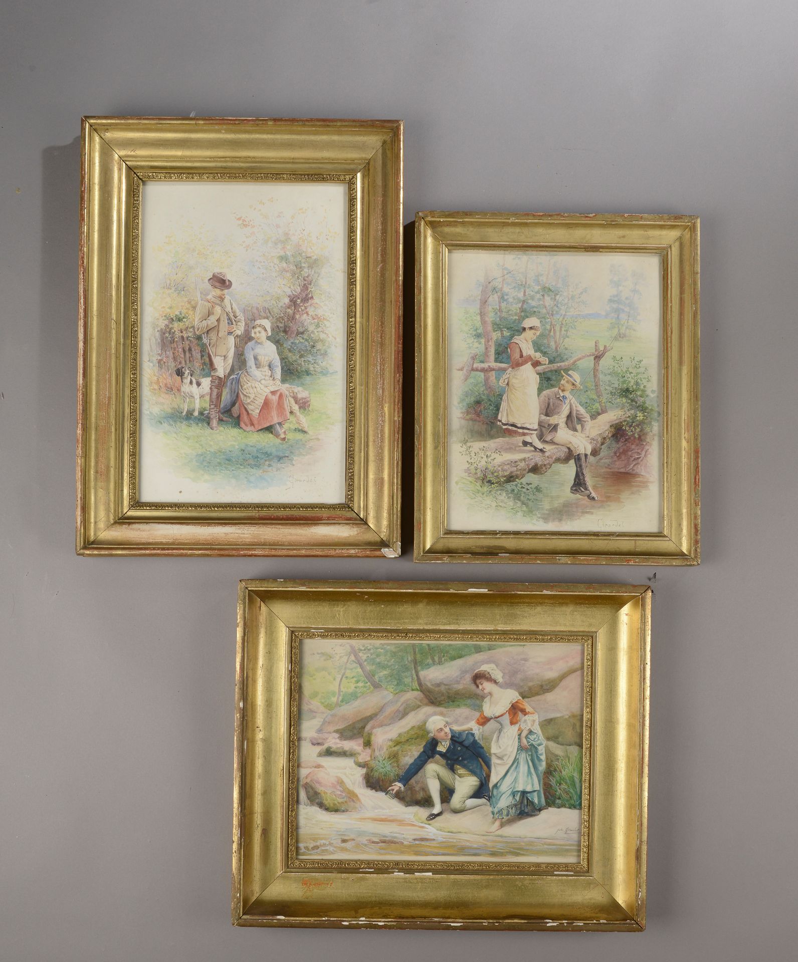 Null Jules GIRARDET (20th century).

Gallant scenes.

Three gouache watercolors,&hellip;