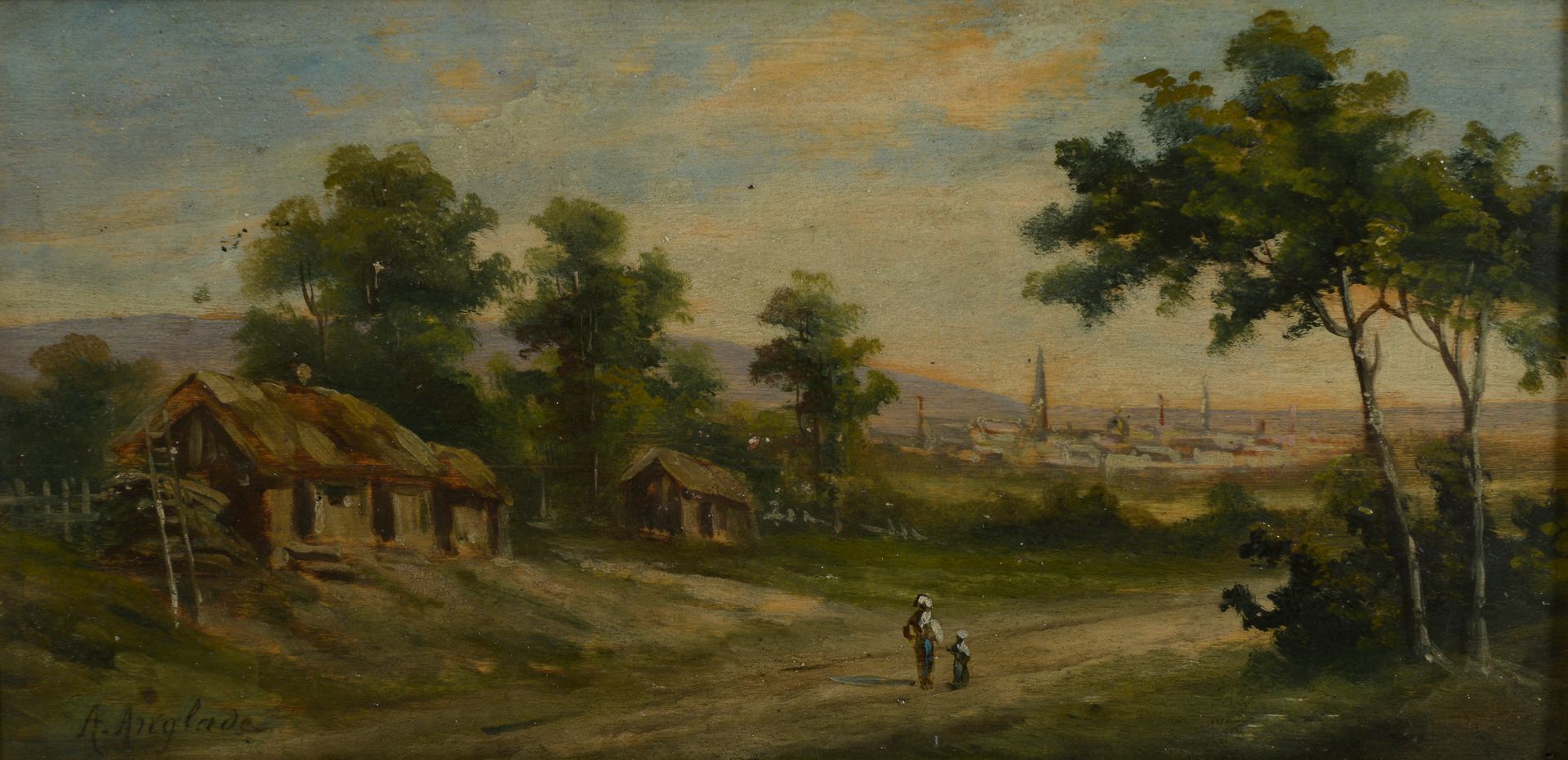 Null A.安格拉德（20世纪）。

有村庄的风景。

签名的一对油画作品。

高度：17厘米17 cm - 宽度 : 34 cm