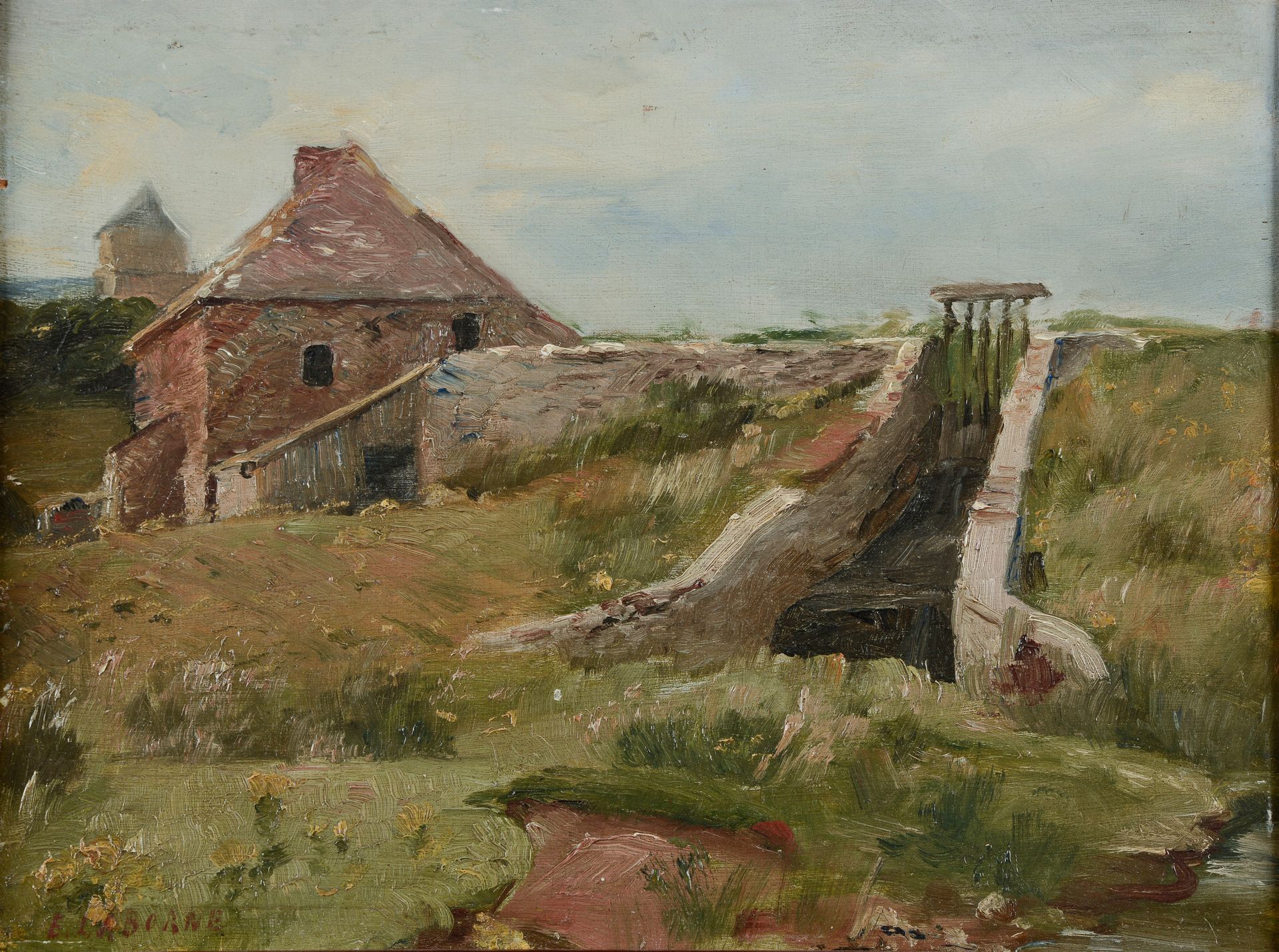 Null 埃德蒙-埃米尔-拉博纳（1837-1913）。

有磨坊的风景。

左下角有签名的面板油画。

高度：24厘米24 cm - 宽度：32 cm
