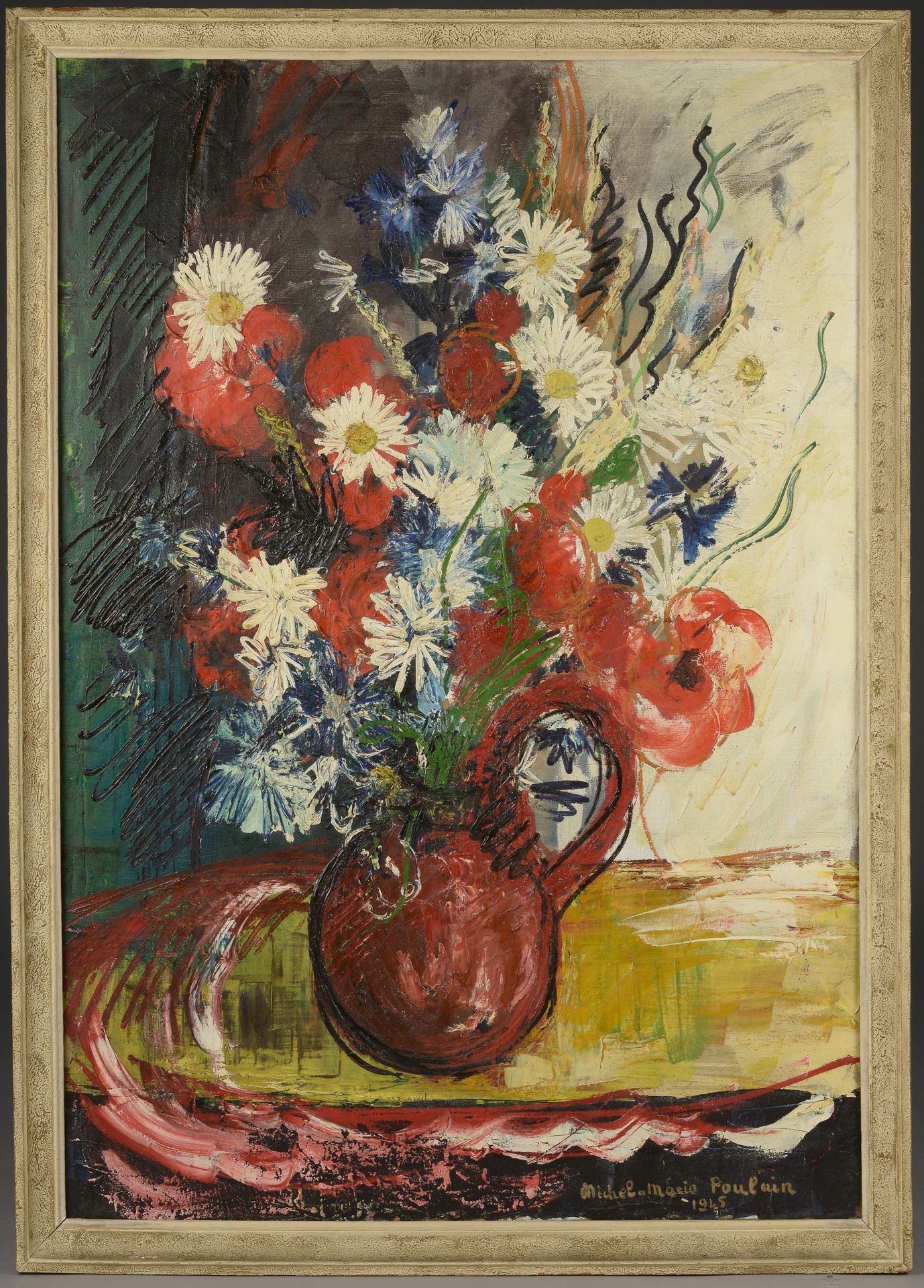 Null 米歇尔-玛丽-POULAIN（20世纪）。

红色壶中的花束。

布面油画，右下方有签名和日期1945年。 

高度：116厘米116 cm - 宽度&hellip;