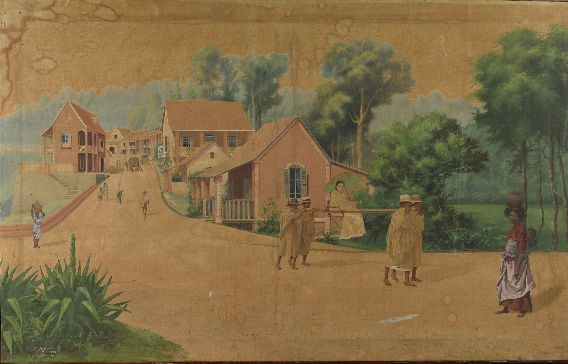 Null 埃米尔-拉兰波（1879-1963）。

马达加斯加的村庄场景。

绘有E.Ralambo签名的丝绸，日期为1912年，位于左下角的Fianarant&hellip;