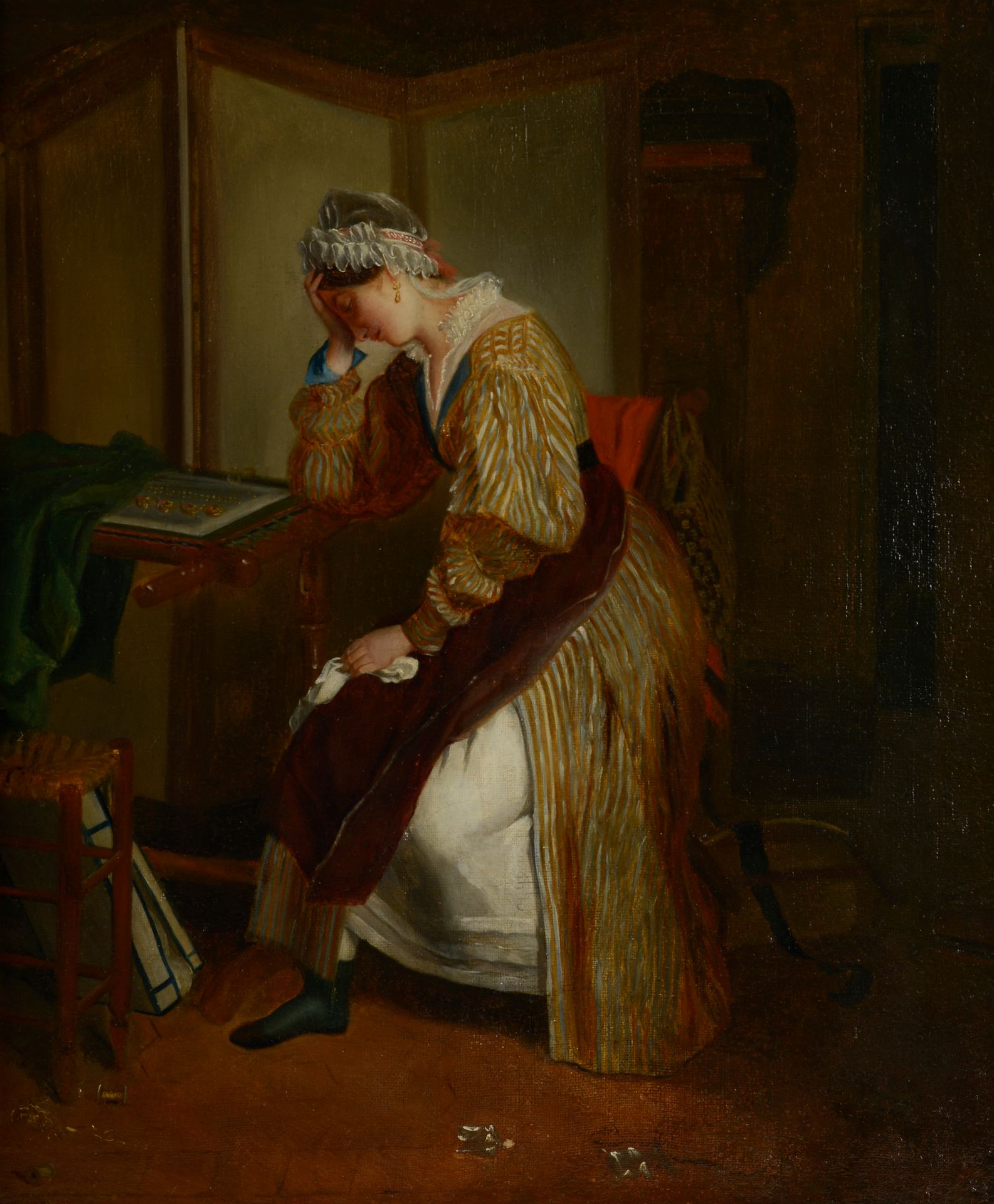 Null 19世纪的法国学校。
坐在织布车间的妇女。
布面油画（衬里）。
高度：54厘米。54 cm - 宽度：46 cm