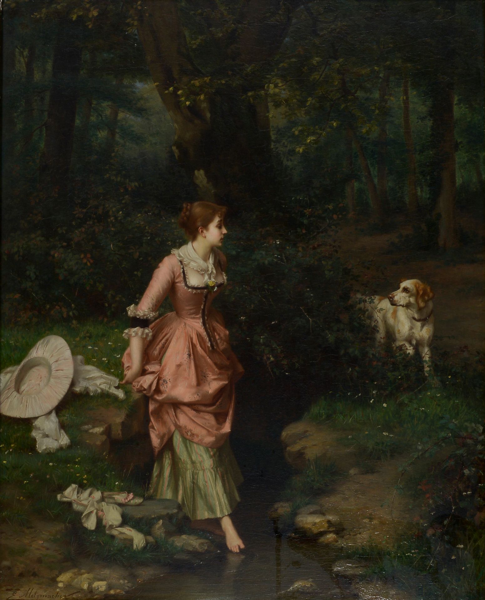 Null 埃米尔-麦茨马赫（巴黎，1815-1890）。
年轻女子在溪流中的商人和狗。
板面油画，左下方有签名，日期为1859年。
高度：63厘米。63 cm &hellip;