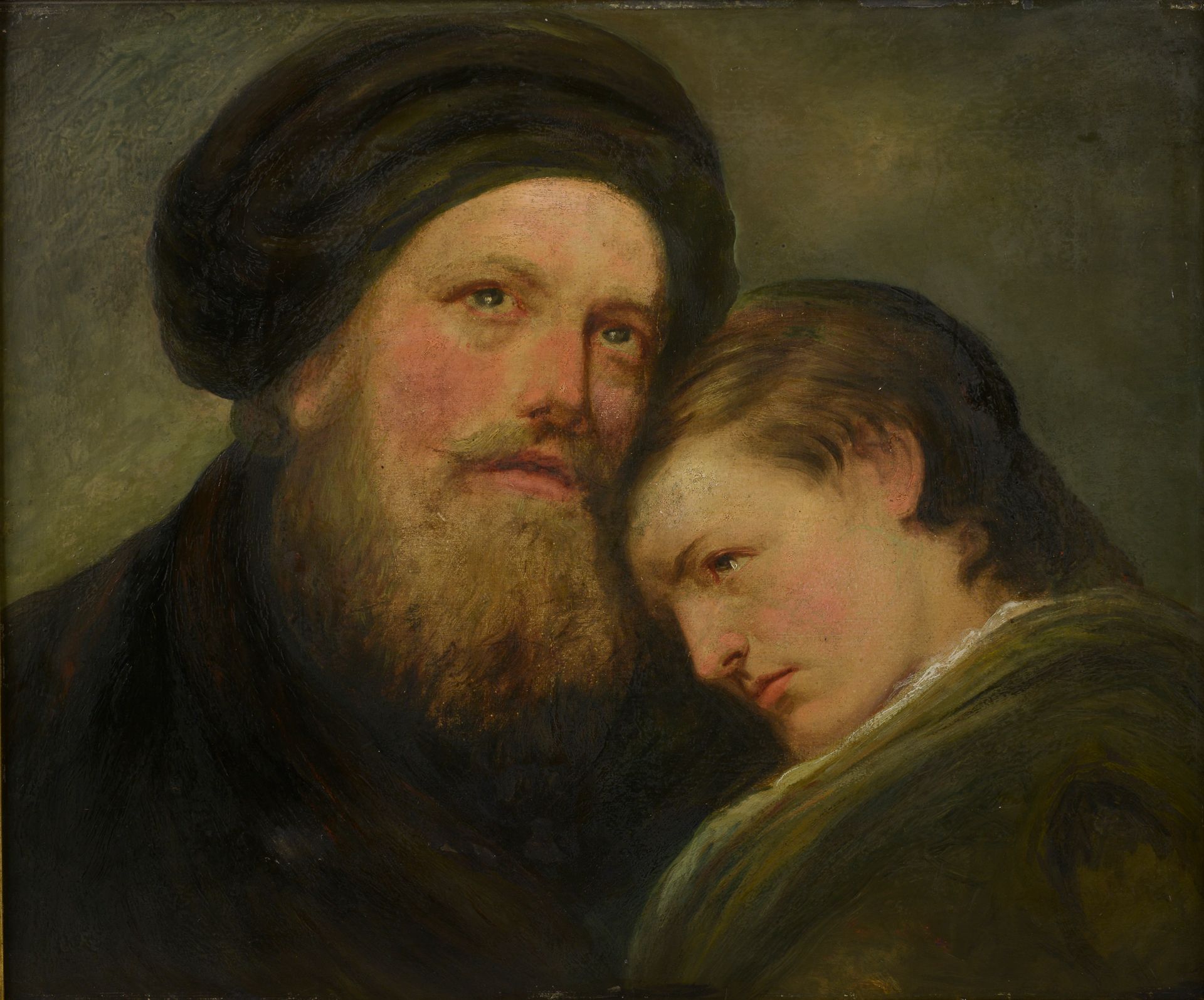Null 19世纪的俄罗斯学校。
父亲和他的儿子。
桃花心木板上的油画。
高度：45.5厘米45,5 cm - 宽度 : 55 cm
木质框架和镀金成分，摄政风&hellip;