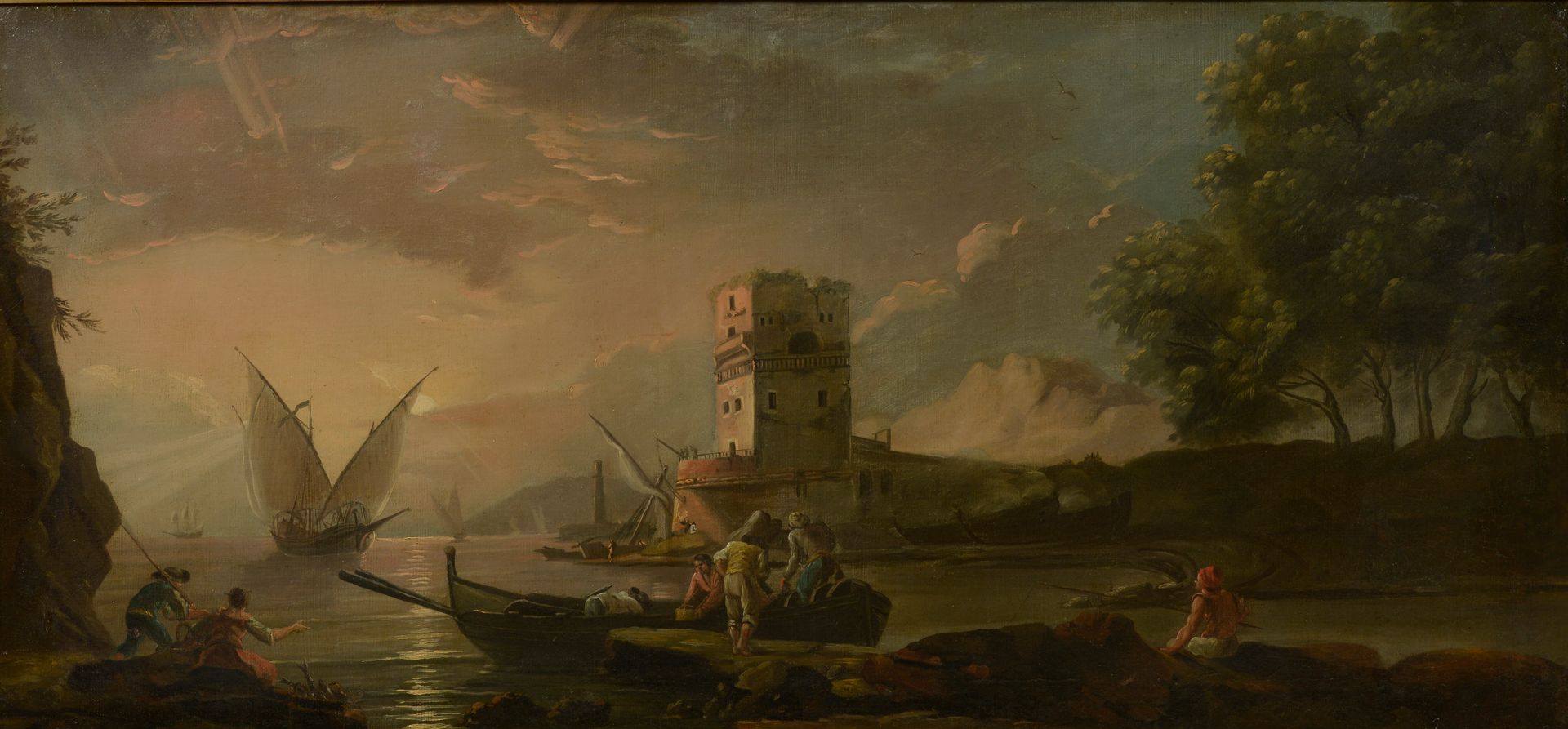 Null 19世纪的法国画派--查尔斯-弗朗索瓦-拉克鲁瓦-德-马尔塞勒（马赛，1700-柏林，1782）的追随者。
夕阳下的水手和船。
布面油画（衬里和修复）&hellip;