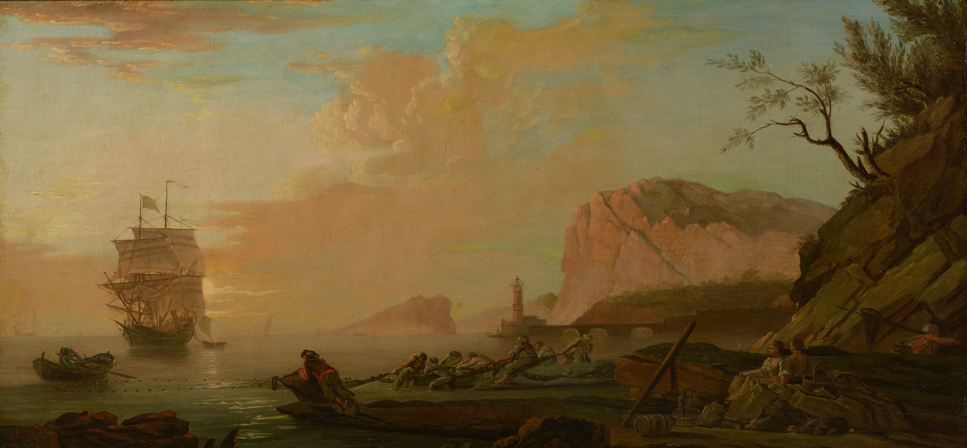 Null 19世纪的法国画派--约瑟夫-韦尔内的追随者（1714年，阿维尼翁-1789年，巴黎）。
夕阳下的水手和船。
布面油画（衬托和修复）。
高度：61厘米&hellip;