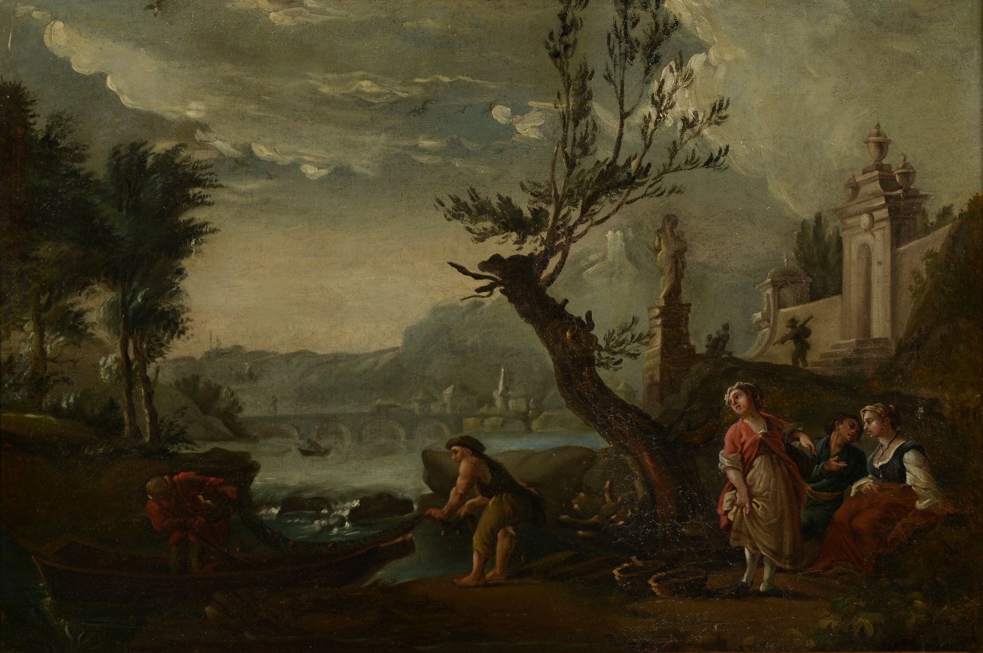 Null 18世纪的法国学校。 
钓鱼归来的人。 
布面油画（衬里）。 
高度：61厘米。61 cm - 宽度 : 91 cm