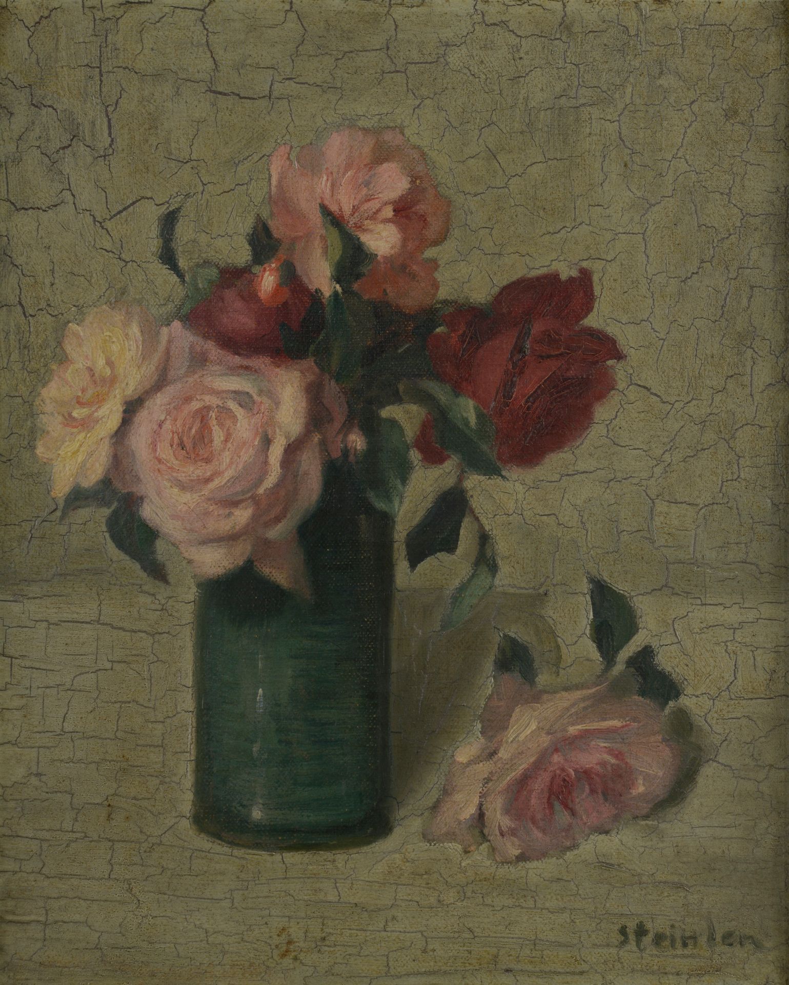 Null 泰奥菲勒-亚历山大-斯坦林（洛桑，1859-巴黎，1923）。
玫瑰花束。
油画，右下角有签名（缩略图）。
高度：41厘米。41厘米 - 宽度：33厘&hellip;