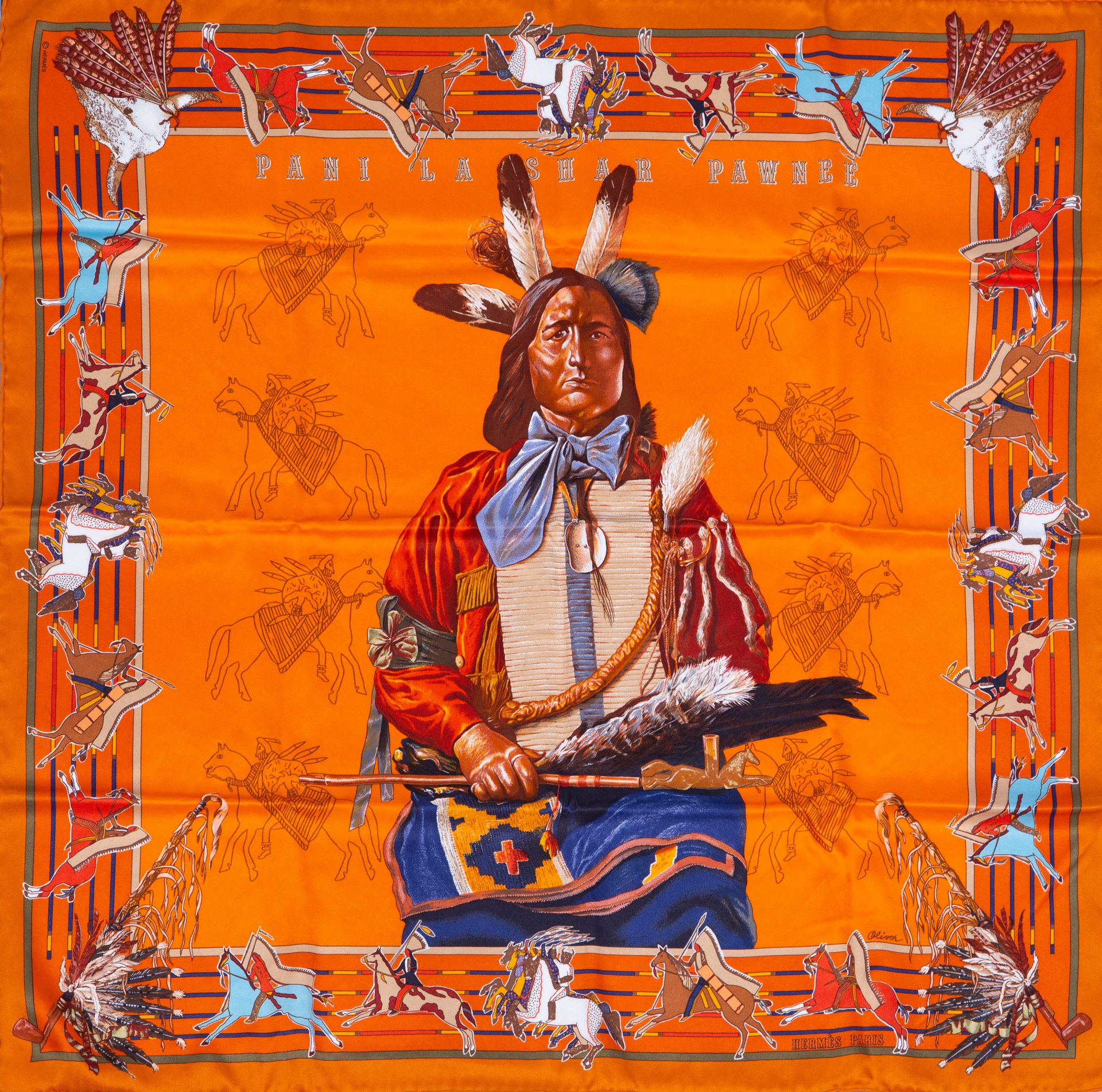 Null 埃尔梅斯. 
丝绸方形 "Pani la shar Pawnee"，橙色背景上有多色装饰，橙色边框，签名为Oliver Kermit。 
边长：70厘&hellip;