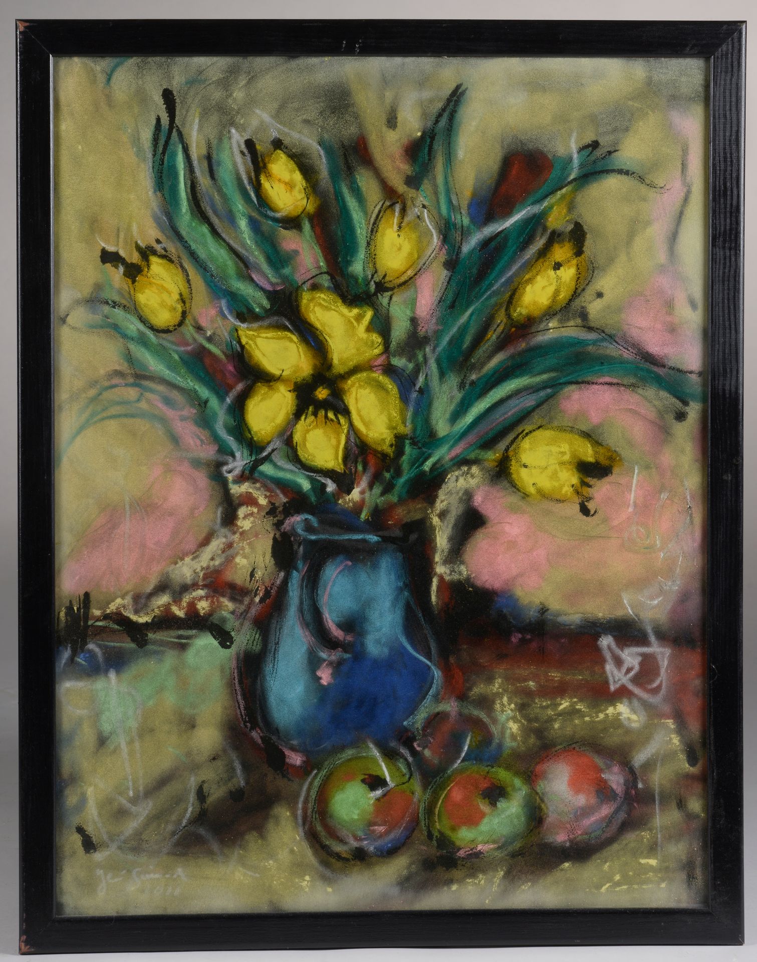 Null Hervé GUIMARD (20世纪)。
花瓶里的黄花束。
纸上粉笔画，右下角有签名。
高度：64.5厘米。64.5厘米 - 宽度：50厘米（见图）&hellip;