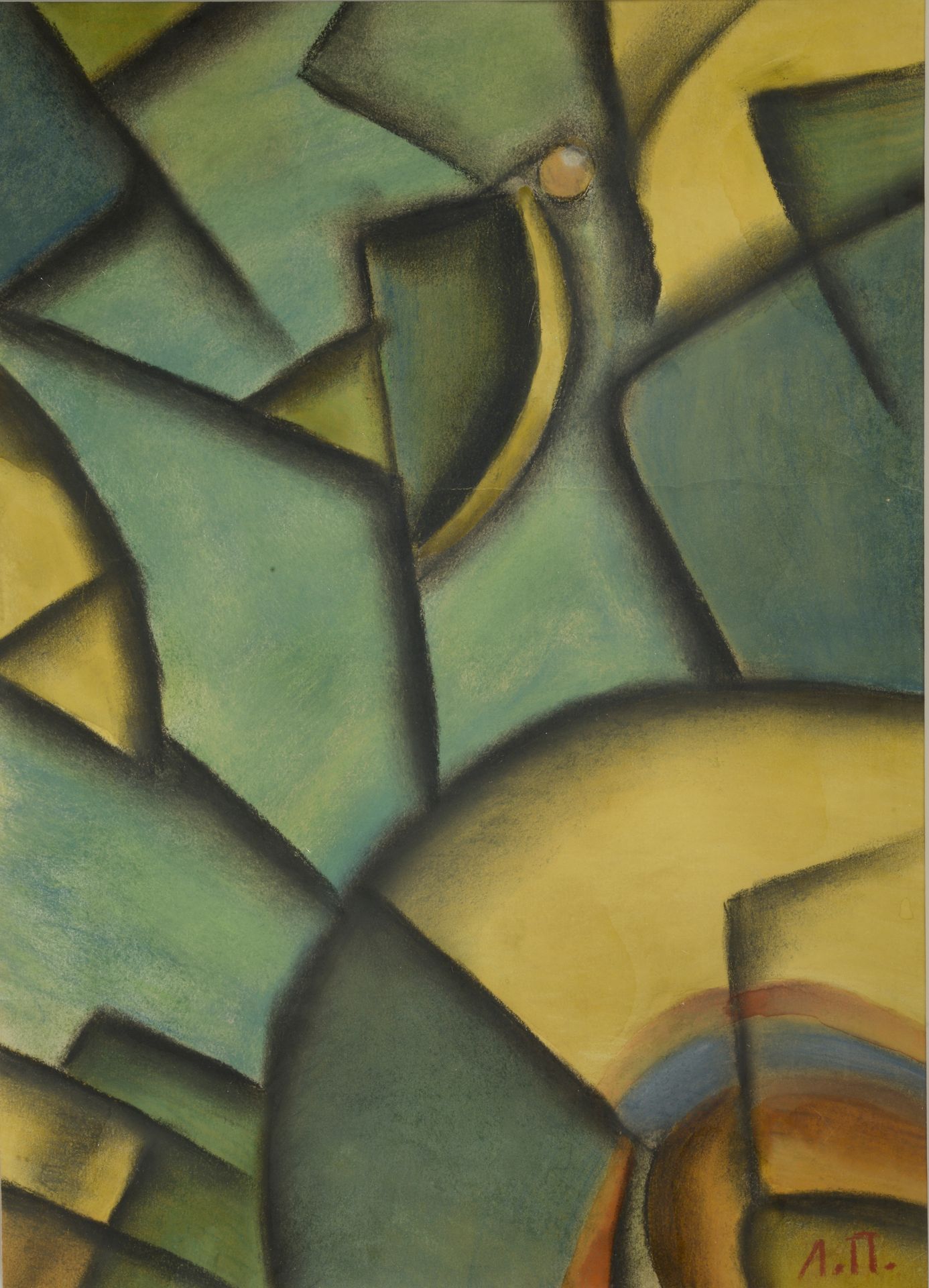 Null Ecole russe du XXe siècle.
Composition cubiste en vert et jaune. 
Pastel gr&hellip;
