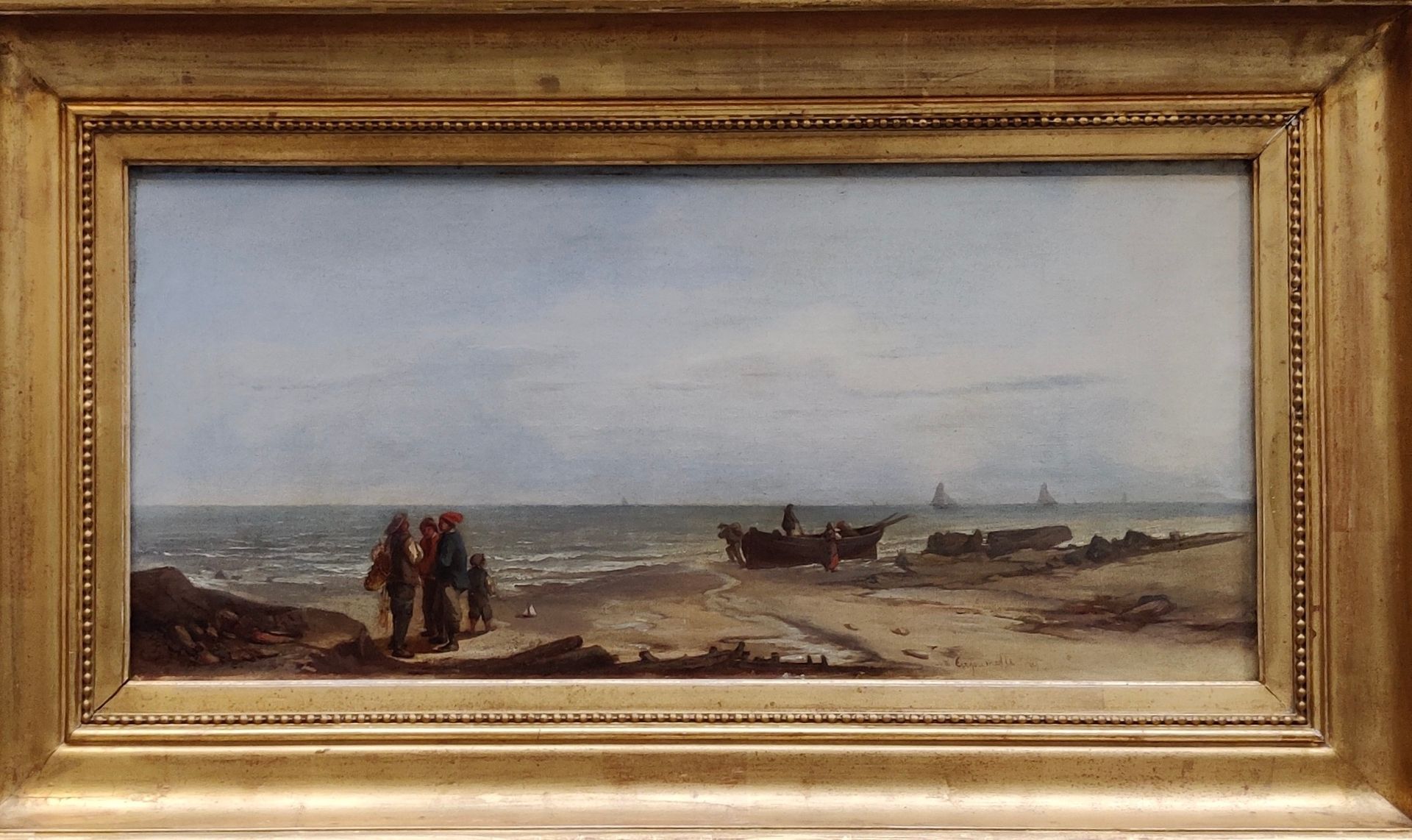 Null 19世纪下半叶的学校。 
从海滩上钓鱼回来。 
布面油画，署名 "Cugimelle"，日期为1863年。
高度：31厘米。31 cm - 宽度 : &hellip;