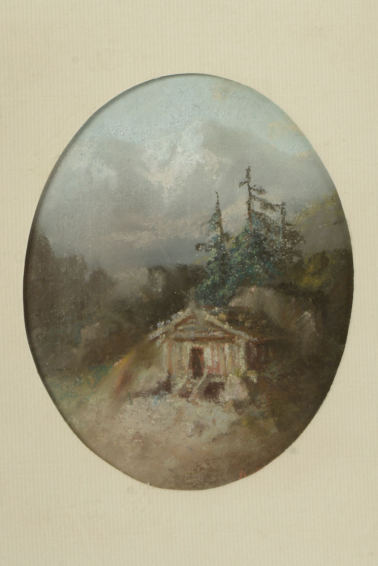 Null Ecole du XIXe siècle. 

Chalet en montagne. 

Pastel sur papier, monogrammé&hellip;