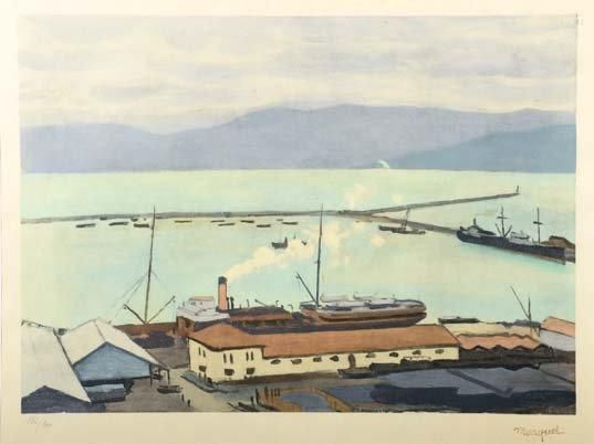 Albert MARQUET (Bordeaux, 1875 - Paris, 1947) Port dans une baie Lithographie en&hellip;