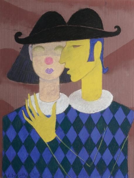 Leff SCHULTZ (1897 - 1970) Couple d'arlequins Pastel, signé en bas à gauche et d&hellip;