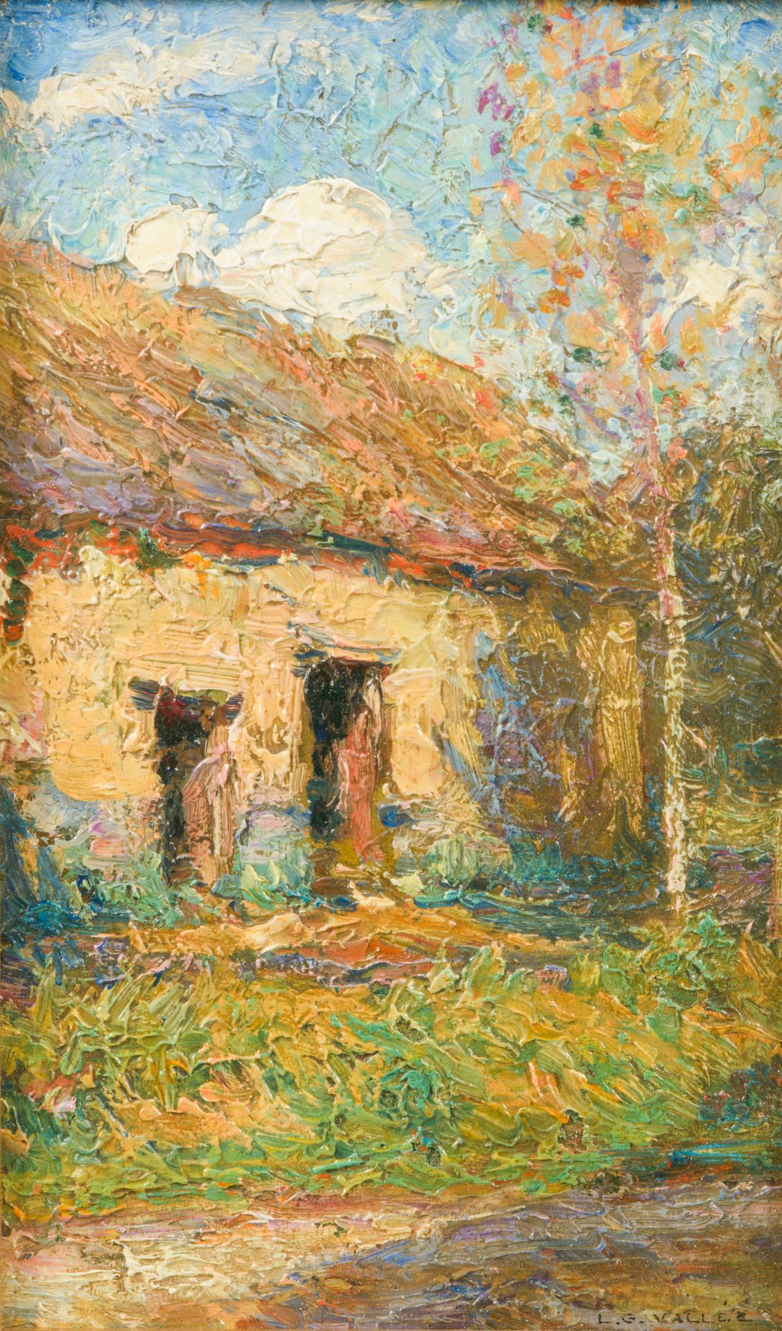 Null 路多维克-瓦莱（1864-1939）。 
靠近白桦树的茅草屋。 
板面油画，右下角有签名。 
高度：22,5厘米22.5厘米 - 宽度：14厘米
