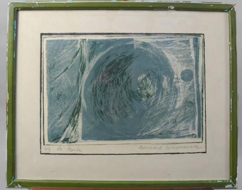 Bernard BERHOMME Lithographie abstraite aux ronds bleus "La Boule", signée en ba&hellip;