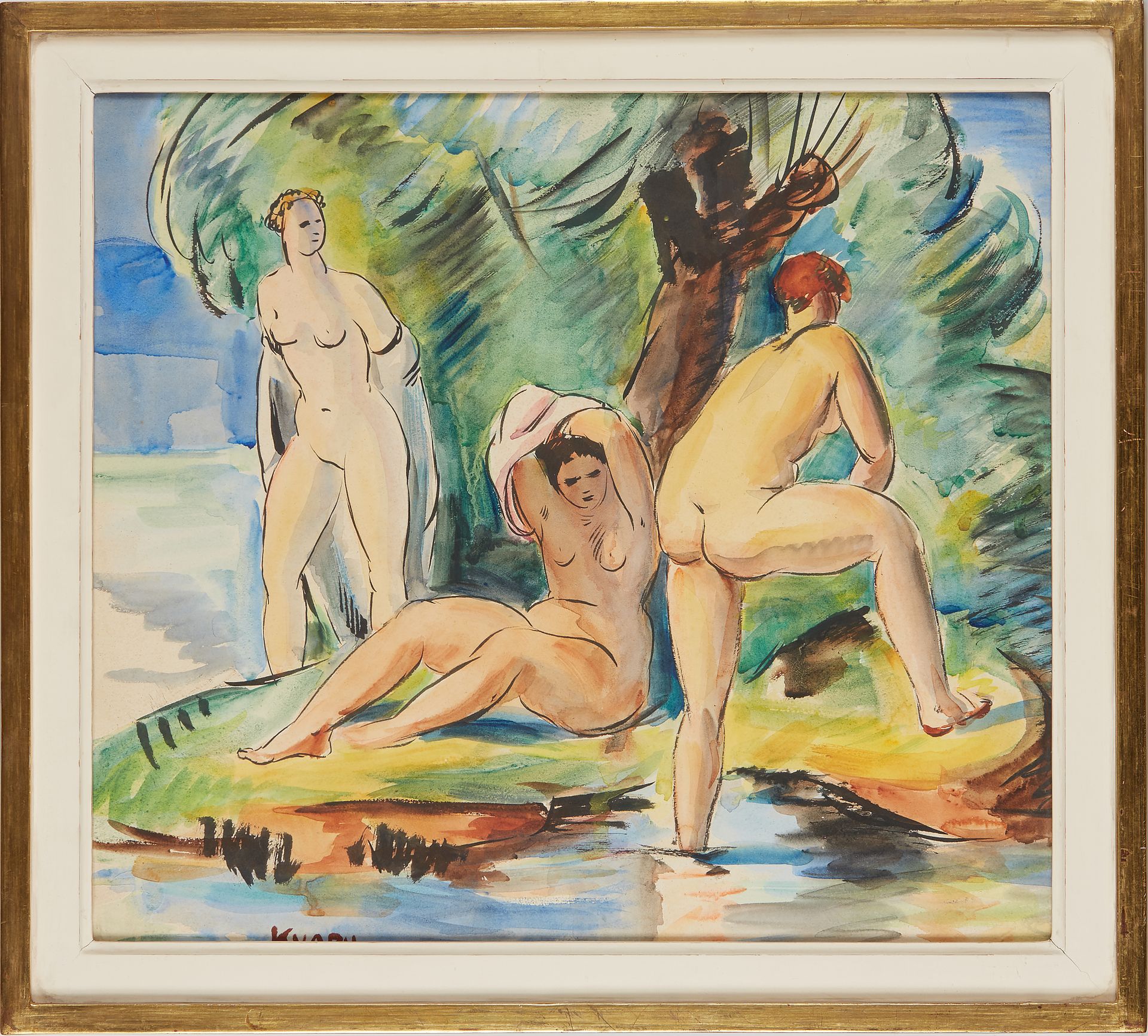 Null 查尔斯-卡瓦皮尔（1884-1958 年）。 
三个浴女
水彩画，左下方有签名。
高：39 厘米 - 宽：43 厘米39 厘米 - 宽度：43 厘米