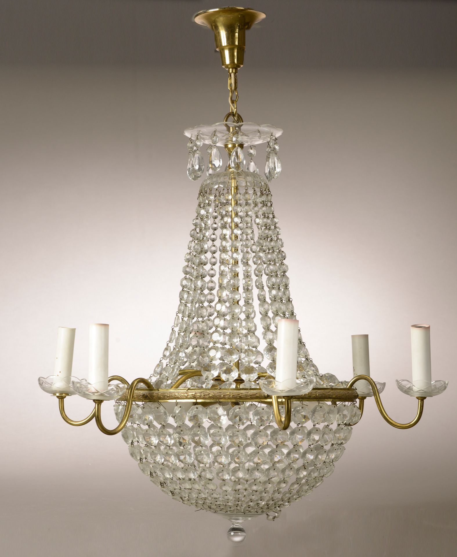 Null Brass corbeille chandelier with cut glass pendants and six arms of light (a&hellip;