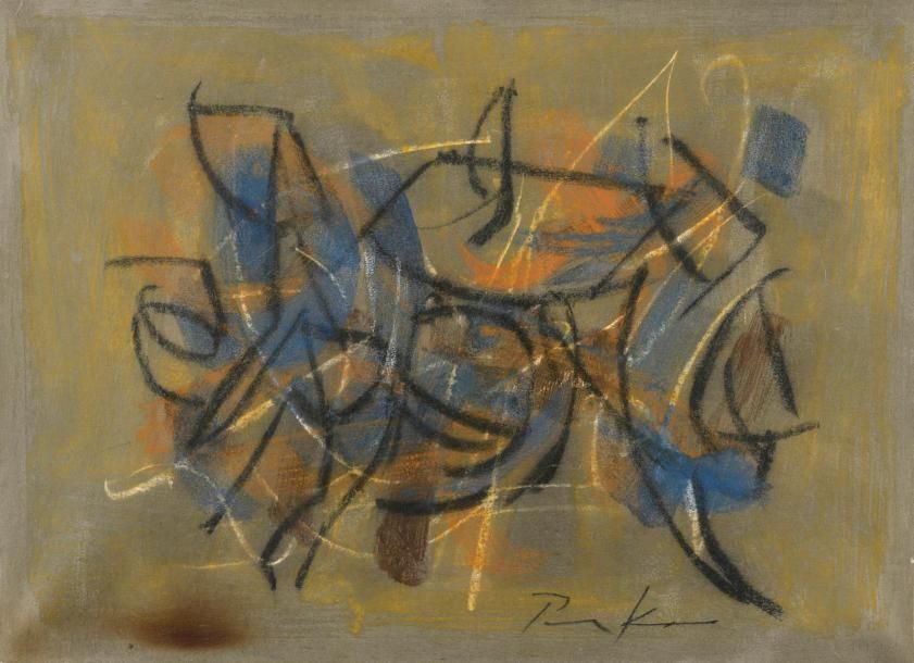 Null Bill PARKER (1922 - 2009).

Composition en bleu et orange sur fond gris.

P&hellip;