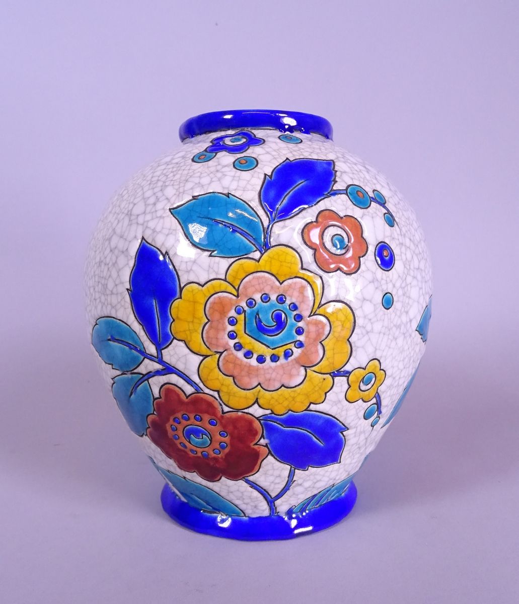 Null Ceramic: Boch Kéramis earthenware vase D.2516 circa 1935 cracked cloisonné &hellip;