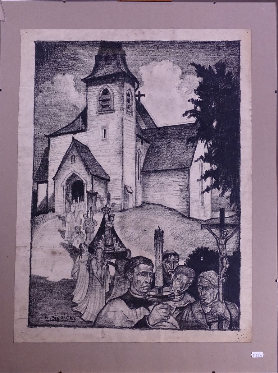 DIERICKX Raymond Charcoal painting -The procession in front of the church- signe&hellip;