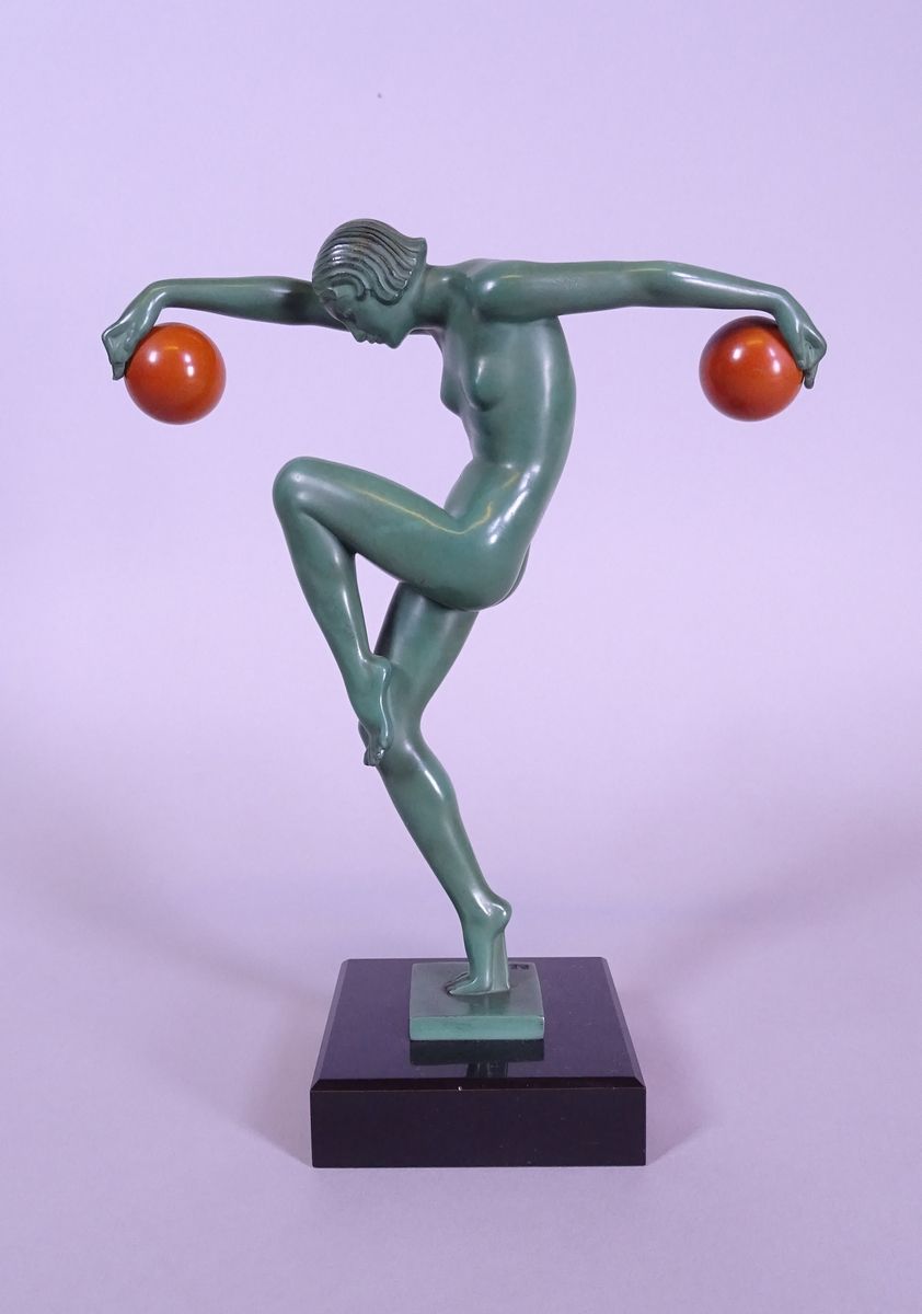 Null Metal sculpture with green patina -The Dancer with balls- by MAX LE VERRIER&hellip;