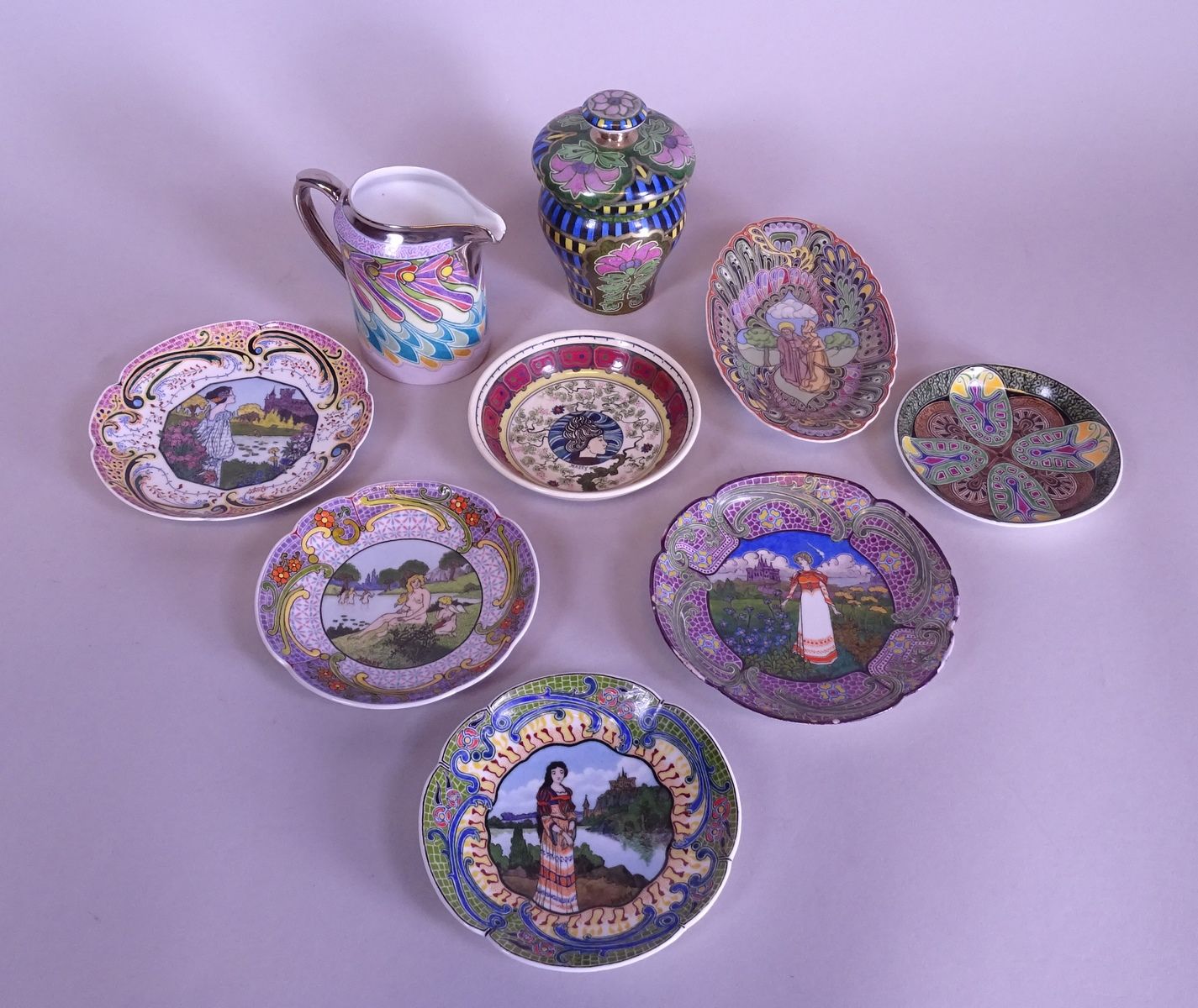 HASEY Louis 陶瓷：（9）有盖花瓶，牛奶壶，6个小盘子，椭圆盘，陶器和新艺术瓷器，署名*HASEY L.*（路易斯）（Liège 1874, Mons&hellip;