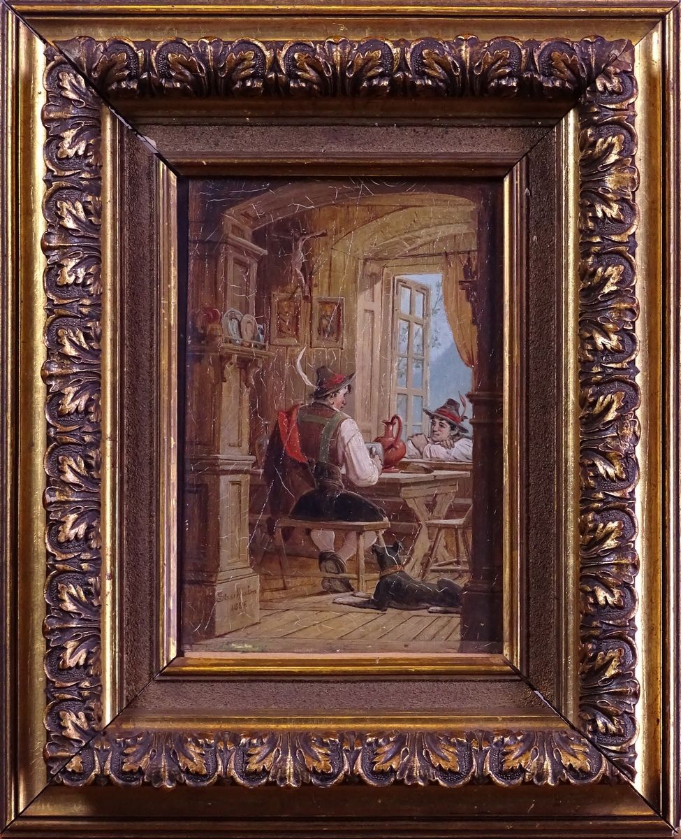Null Gemälde HST marouflé -Cabaret Szene- datiert 1886 signiert STRAHALM 20x14cm&hellip;