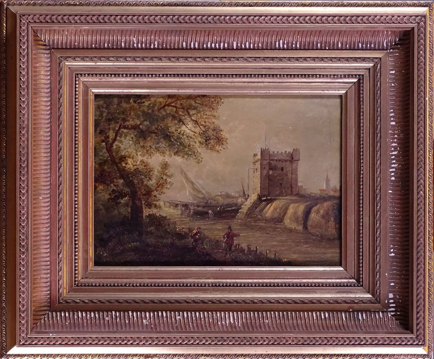 Null Gemälde Hscuivre -Festung am belebten Kanal- anonym 19. Jahrhundert 19x28cm&hellip;