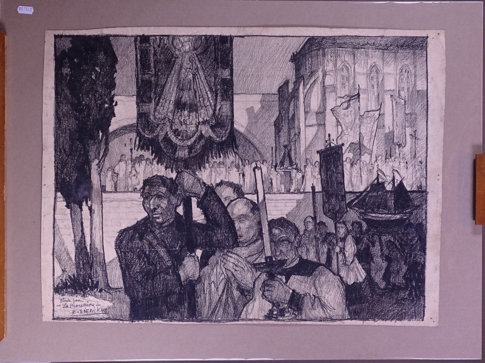 DIERICKX Raymond Pittura a carboncino -Studio per la processione- firmata *DIERI&hellip;