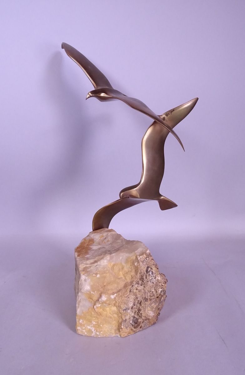 FELS Jerry 青铜雕塑-游泳者和岩石-署名C。JERE *FELS J.* (Jerry) (1919, 2007) 和 *FREILER C.* (C&hellip;