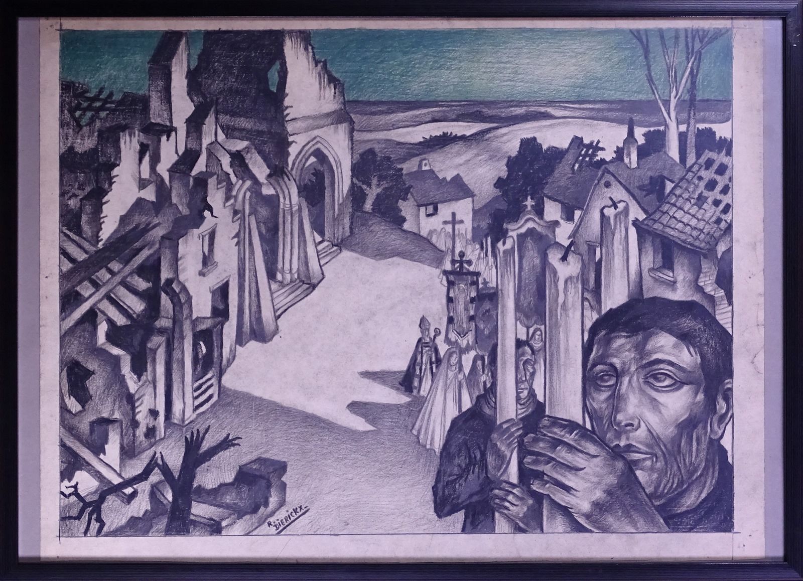 DIERICKX Raymond Painting: charcoal drawing on paper -Procession- signed *DIERIC&hellip;