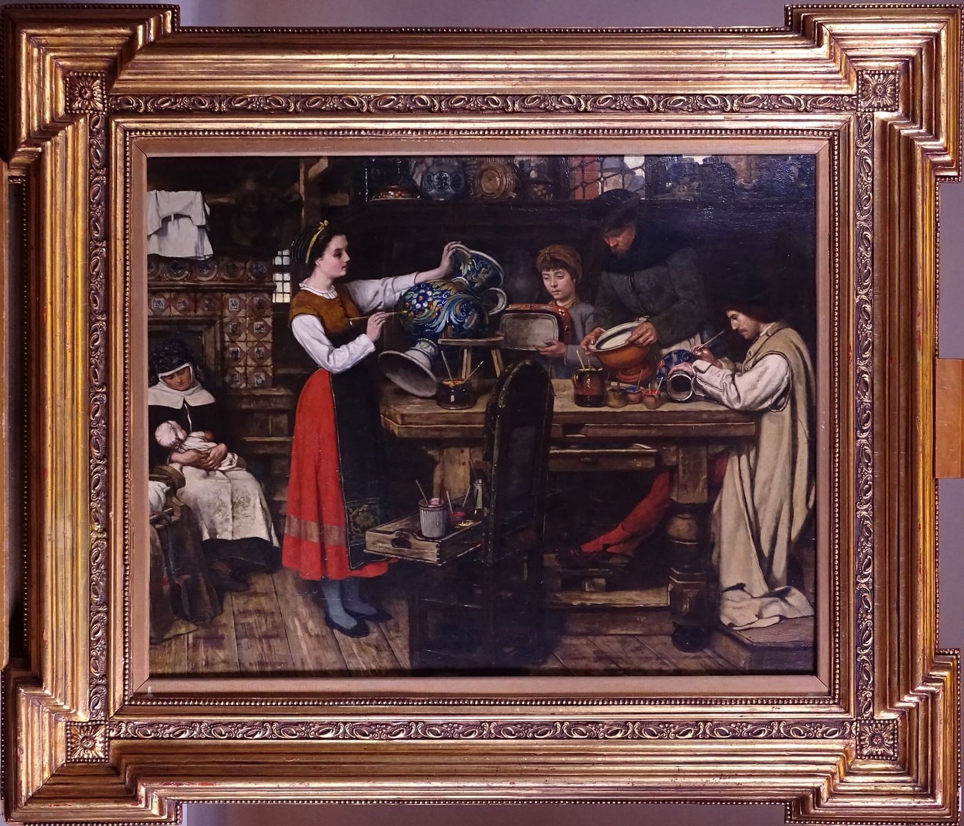LAGYE VICTOR Tableau HSB acajou -L'atelier de potier animé- daté 1869 Anvers sig&hellip;
