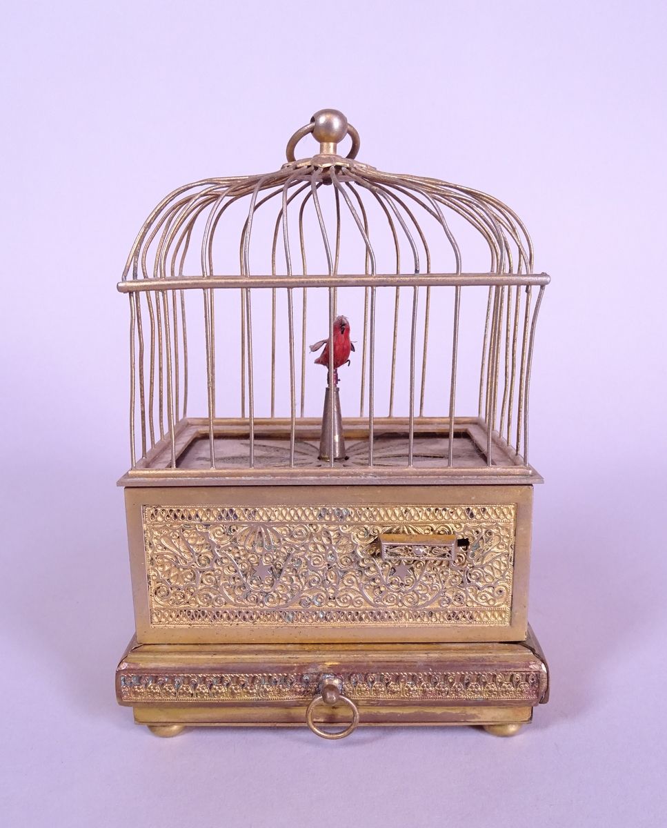 Null 物品 唱歌的鸟笼，黄铜钥匙的机械鸟，19世纪末（法国）（在状态）高：17厘米
