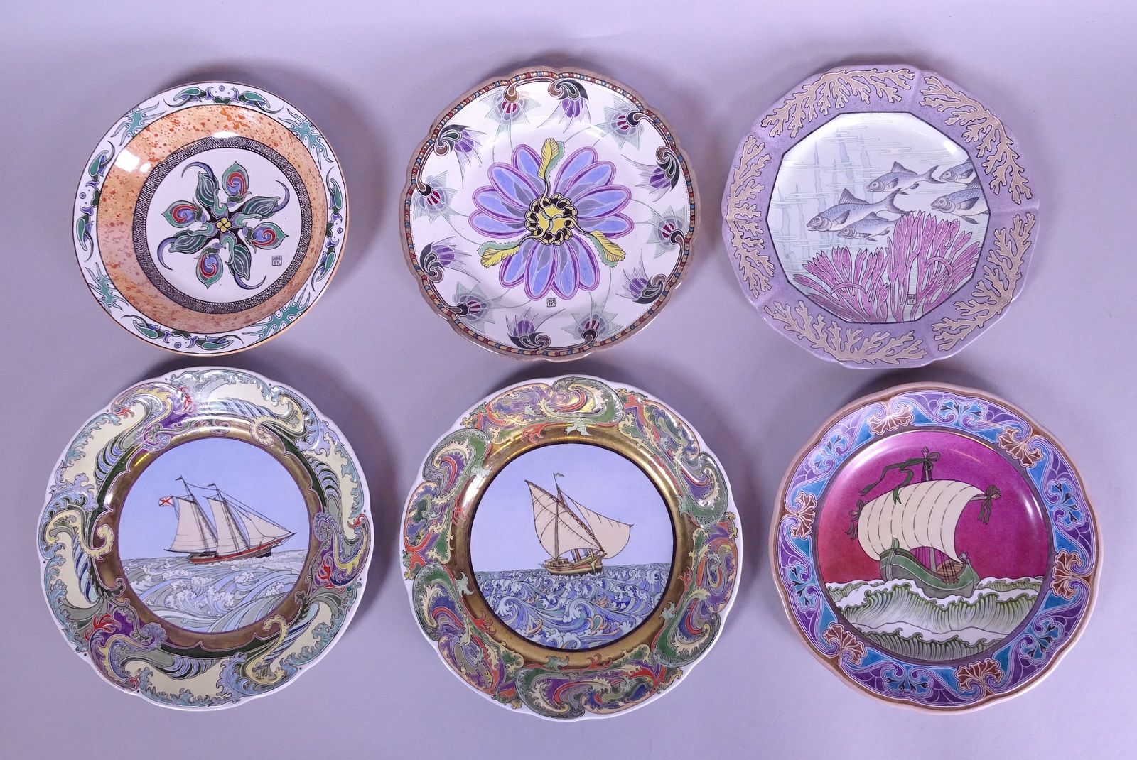 HASEY Louis Ceramics: (6) Art Nouveau earthenware plates signed *HASEY L.* (Loui&hellip;