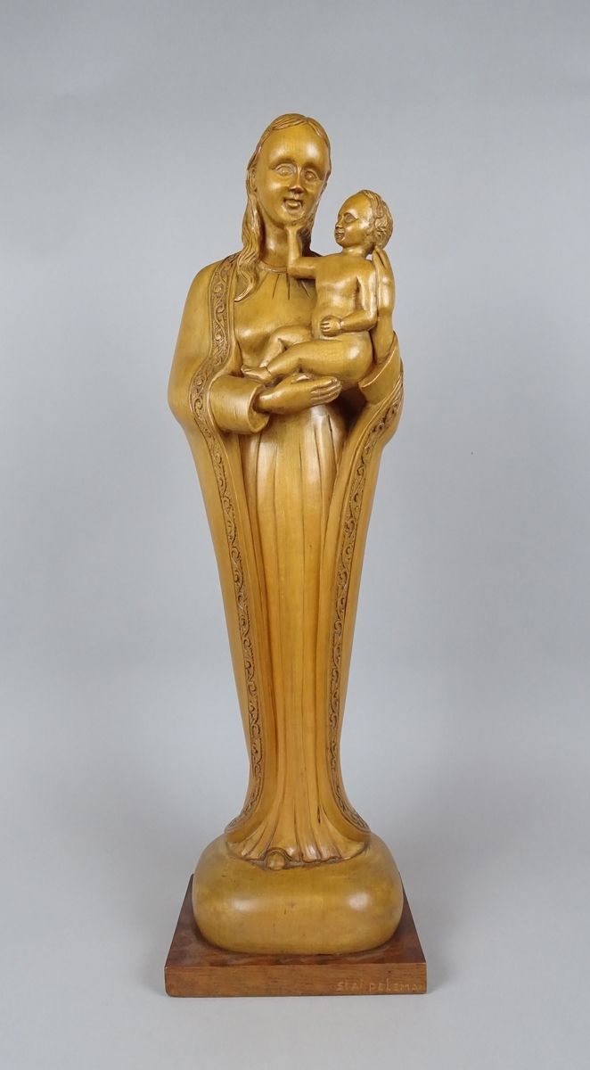 PELEMAN Staf Sculpture bois fruitier -Vierge à l'enfant- 1959 signé *PELEMAN S.*&hellip;