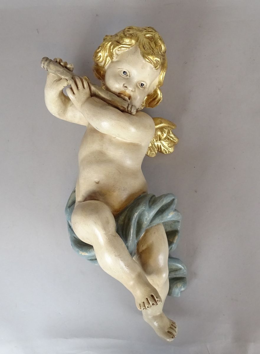 Null Sculpture: angelot en bois sculpté polychromé (écl) rehauts d'or fin 19eS d&hellip;
