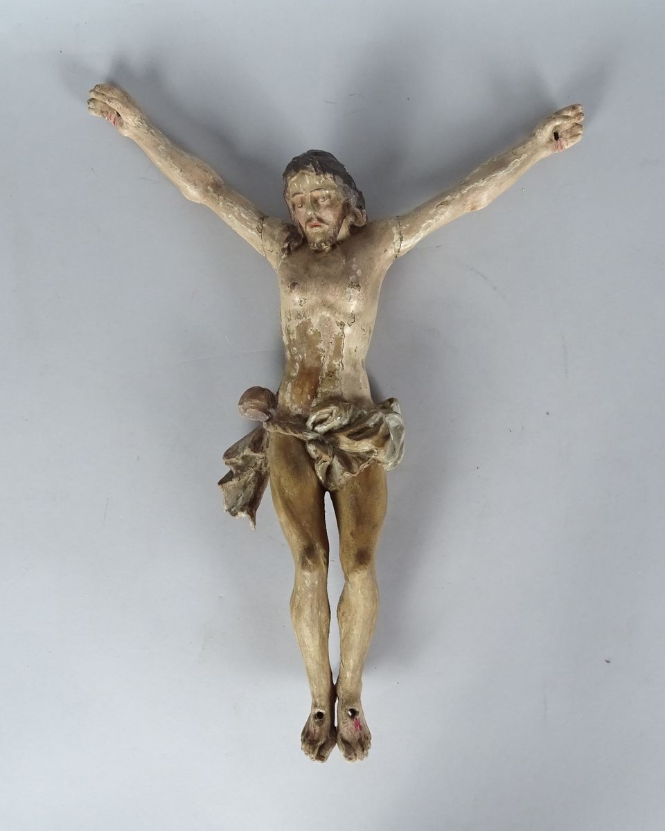 Null Sculpture Bois reste de polychromie -Christ en croix- anonyme 18eS H:47x36x&hellip;
