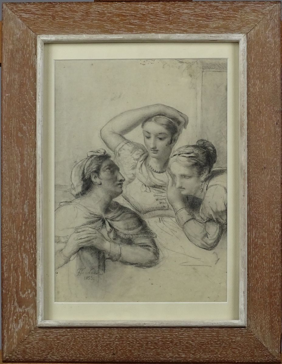 NAVEZ François Joseph Tableau crayon -Trois confidentes- 1853 signé *NAVEZ F.* (&hellip;